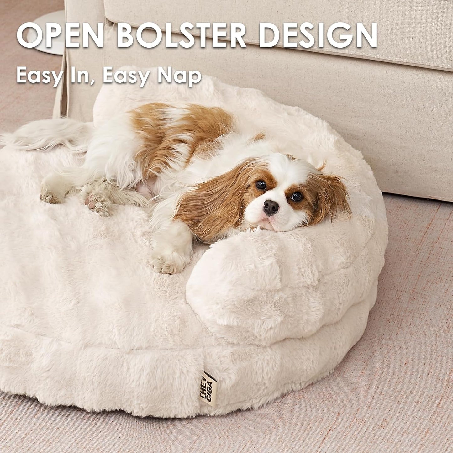 EHEYCIGA Soft Cat Couch Bed for Indoor Cats, Fluffy Small Dog Bed with Removable Washable Cover, Bolster Pet Sofa, Waterproof and Non-Slip, 23" x 23"x 7", Cream