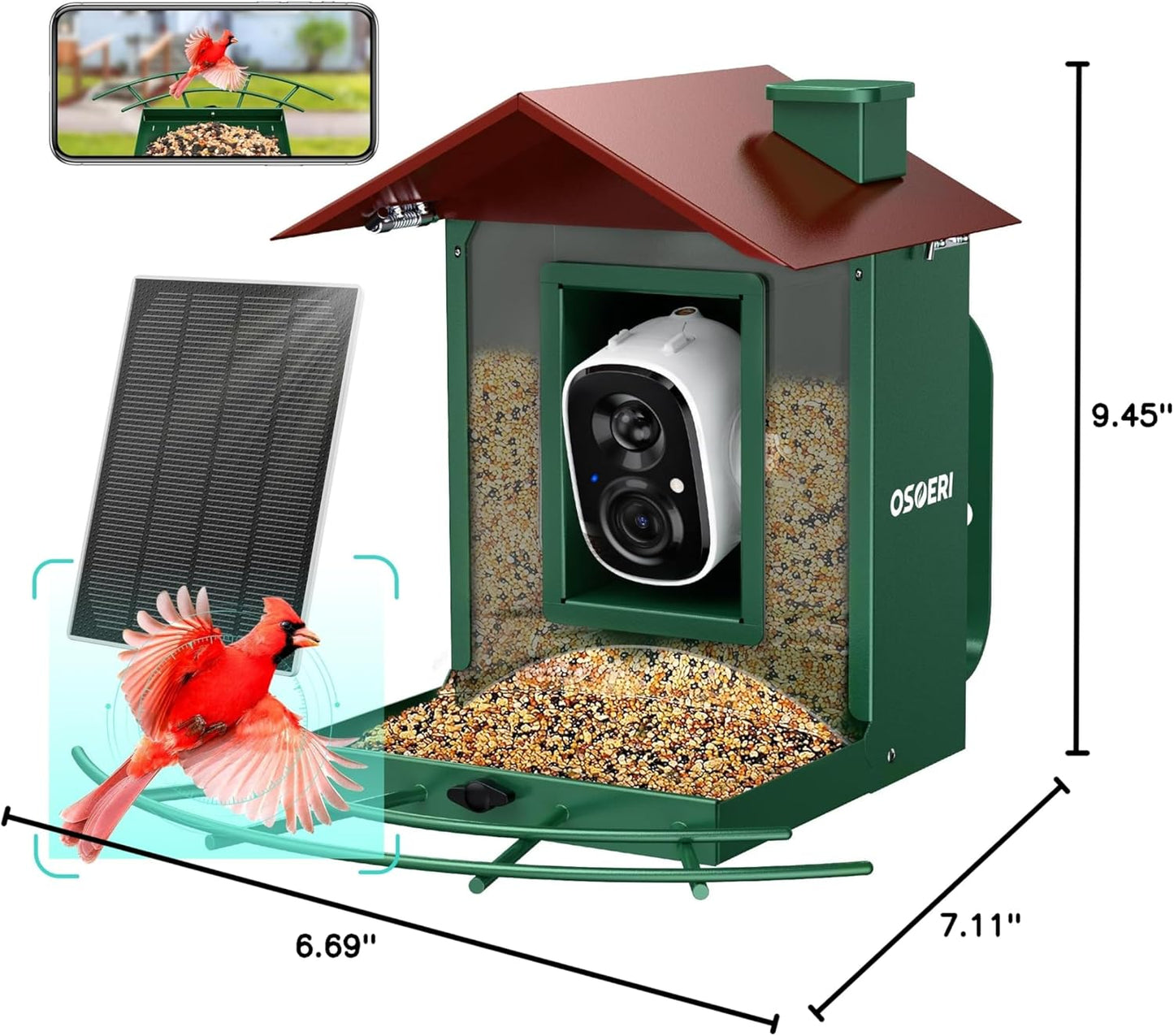 Osoeri Bird Feeder with Camera, Camera Bird Feeder for Outside, Solar-Powered, Smart AI Identify Birds, Auto Capture Video & Instant Arrival Alert, Ideal Gift for Family and Birdlover