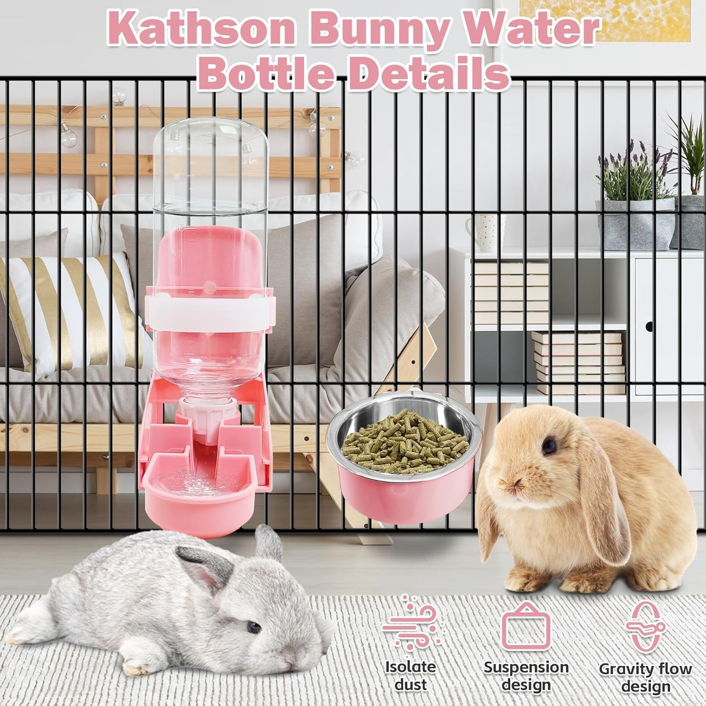 kathson Rabbit Suspended Feeder Dispenser Hanging Water Fountain Automatic Bottle,Crate Bowl Removable Plastic Stainless Steel Pet Cage Coop Cup with Bolt Holder Set for Bunny Cat Dog and Other Animal