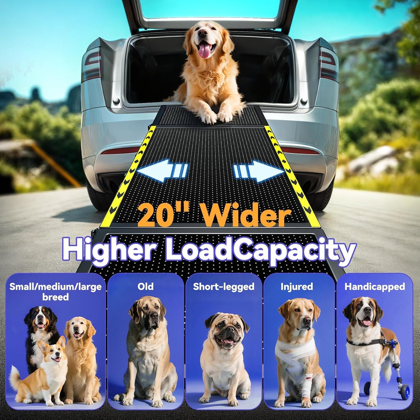 Pawaboo Dog Ramp for Car, Extra Wide Pet Dog Ramps for Large Dogs, Ramps with Non-Slip Mesh Up to 250LBS, Dogs Cars Ramp for Car SUV/Truck/RV/Bed, 74'' L & 20'' W