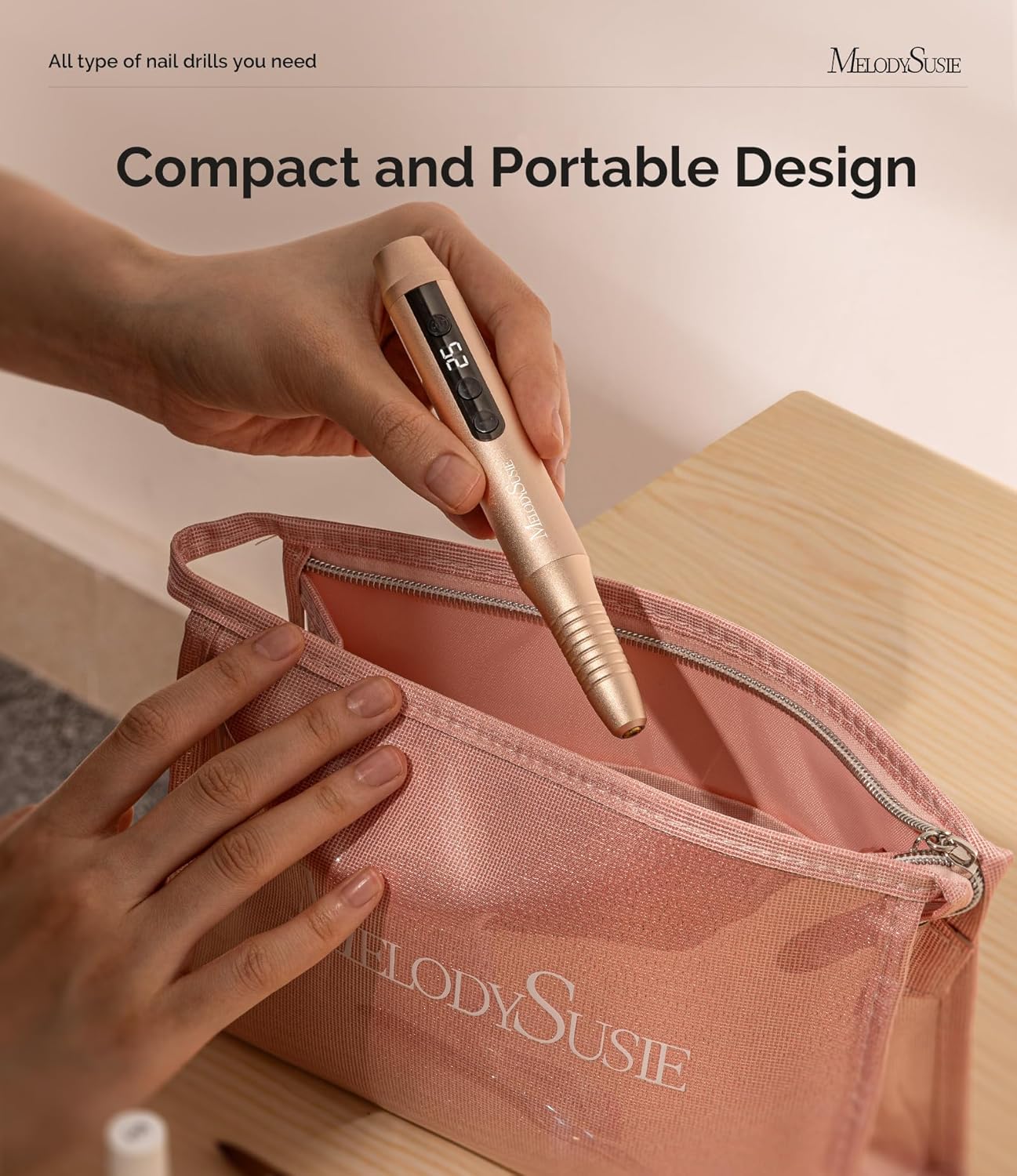 MelodySusie Pen-Shaped Portable Cordless Nail Drill,PC180G 25000RPM Rechargeable Electric File with LED Display for All Nail Care, Manicure Shaping & Acrylic Gel Removal for Nail Artists DIY at Home