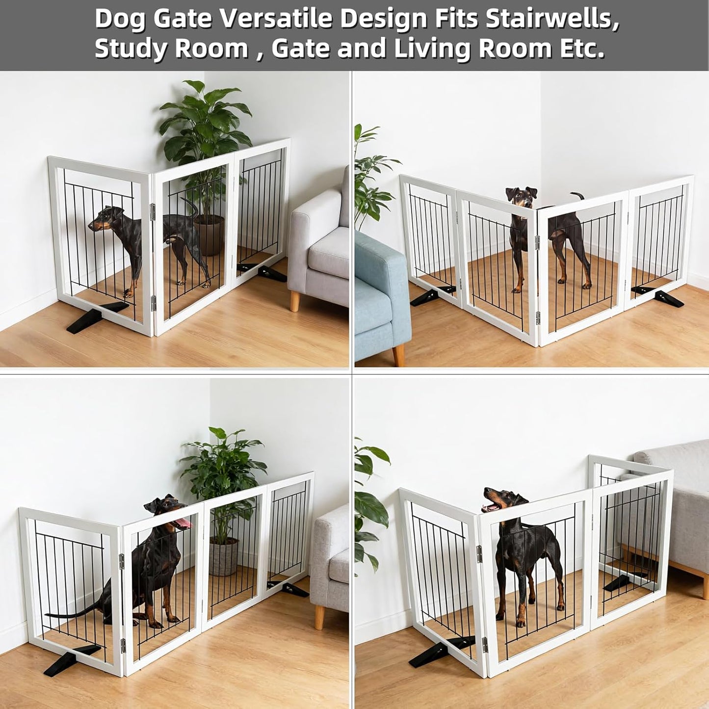 Dog Fence Indoor - 3-Panel Freestanding Dog Gate for Doorways, Hallways, House or Stairs -60x24-Inch Retractable Foldable Expandable Wood Pet by SFJC (White)