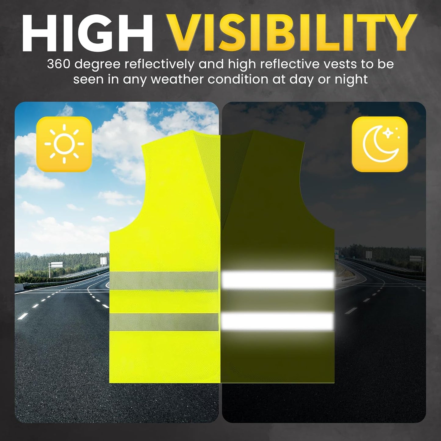 PeerBasics Safety Vests 10 Pack - Yellow Reflective High Visibility, Hi Vis Silver Strip, Men Women, Work, Cycling, Runner, Surveyor, Volunteer, Crossing Guard, Road, Construction, Neon (Mesh, 10)