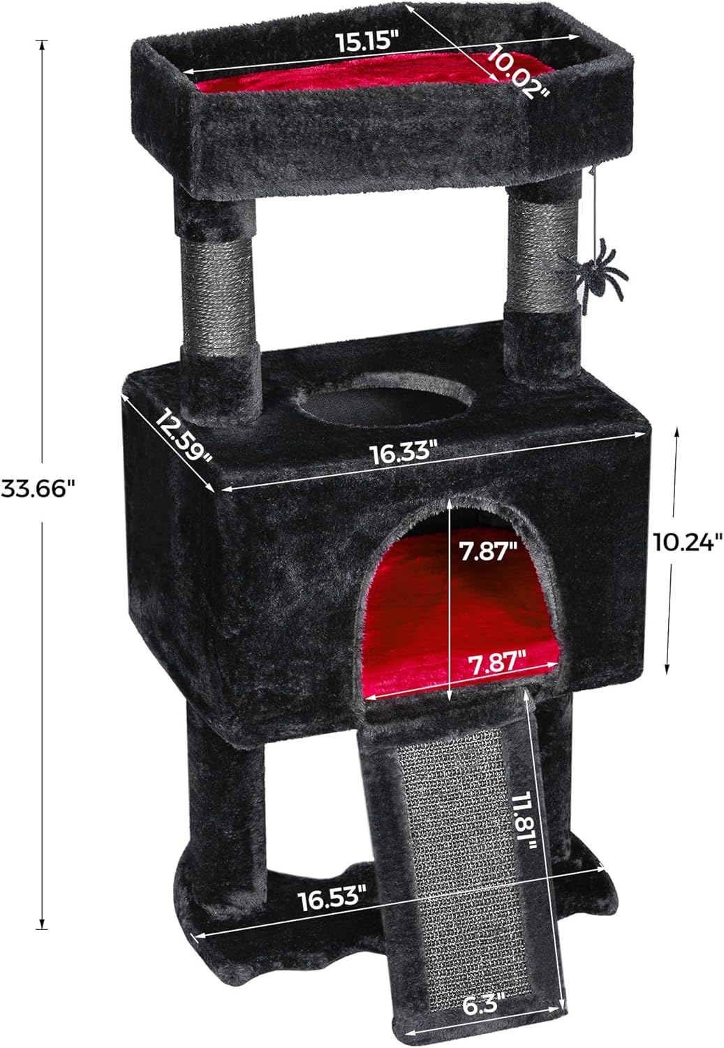 BEWISHOME 33.6in Cat Tree Tower for Indoor Gothic Cat Trees with Coffin Bed, Cat Condo Cat House with Scratching Posts, Cat Shelves with Spider Toy, Pet Play Activity Center Black with Red, MMJ95R
