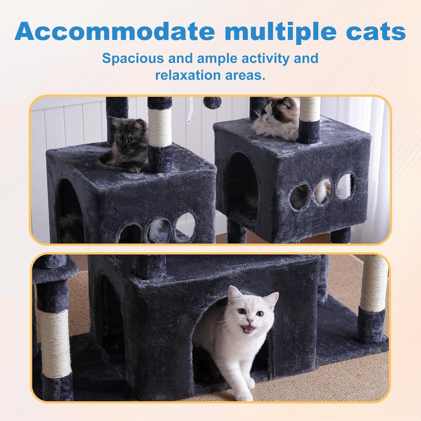 Hey-brother Cat Tree Tower, Large Sisal Scratching Posts with Big Platform, 3 Spacious Condos, Plush Hammock, Toy, 57.5 Inches Multi-Level Furniture for Indoor Adults Maine Coon, Smoky Gray MPJ083G