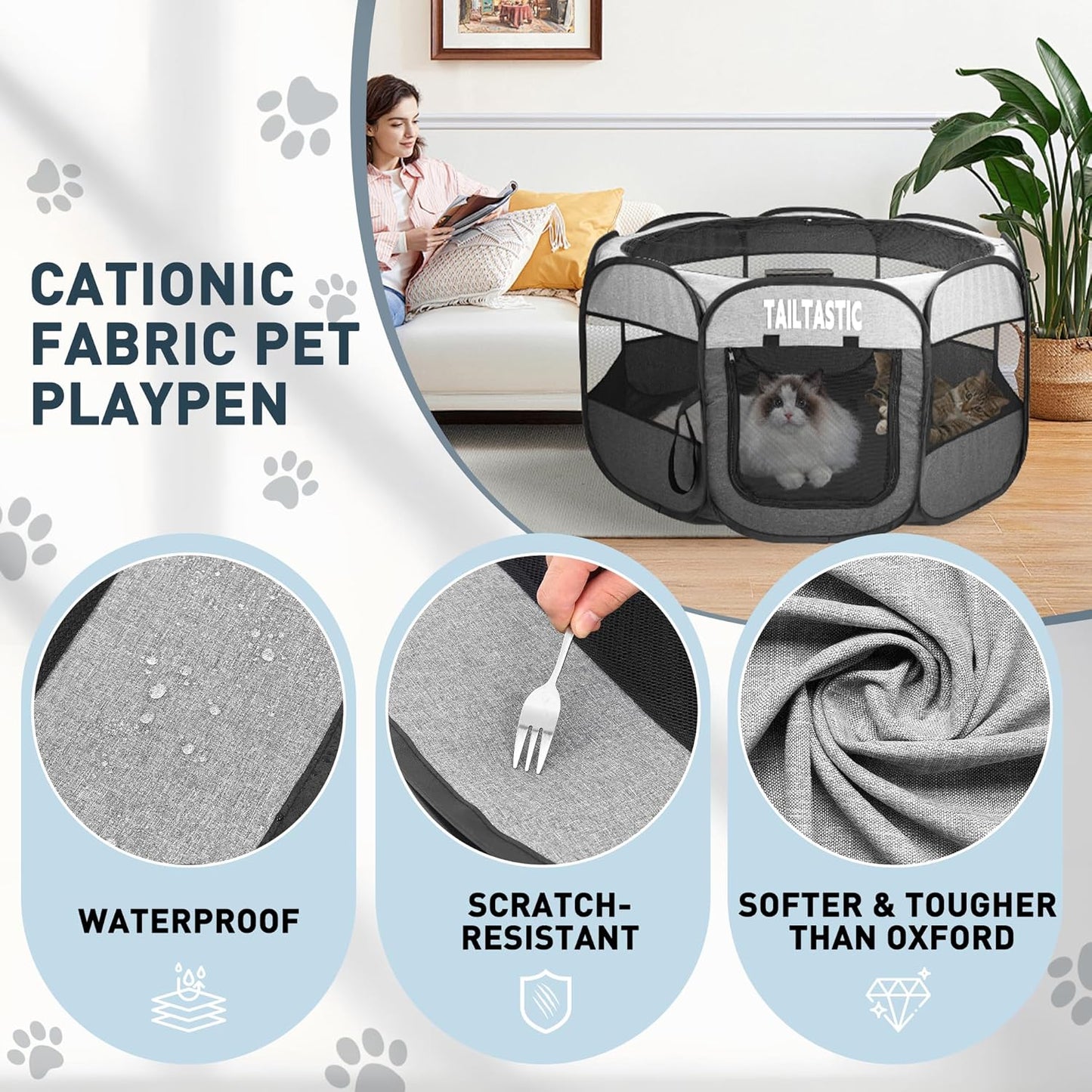 Large Cat Playpen for Multiple Cats, Extra Spacious Pet Tent Playground, Portable Dog Exercise Pen with Room for Toys & Bed, Indoor/Outdoor Enclosure for 2-3 Pets (Light Grey, Large)