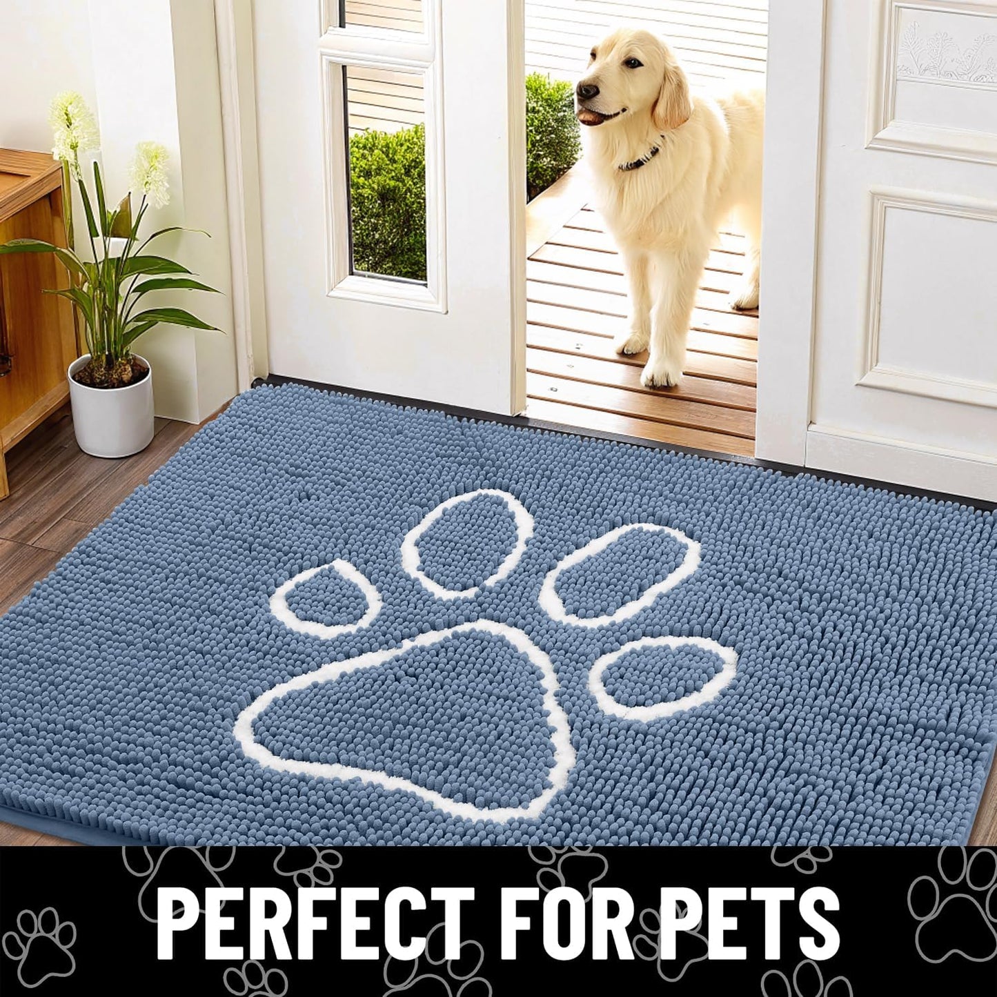 Smiry Dog Door Mat for Muddy Paws, Absorbent Dirt Trapper Non Slip Quick Dry Washable Chenille Mat for Mud Dogs, Entry Rug for Indoor and Outdoor (36x24 Inches, Airy Blue and White)