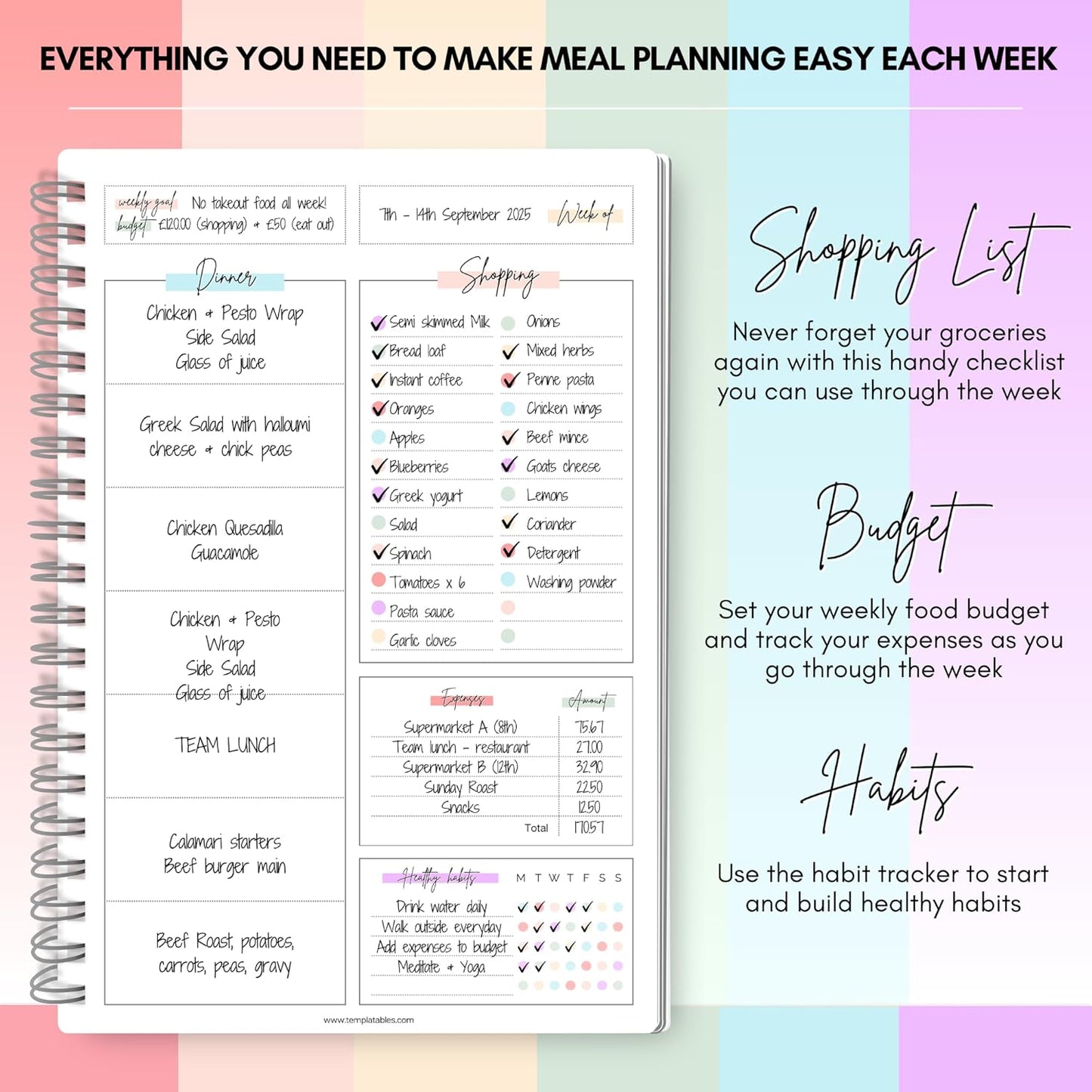 Meal Plan | Weekly Meal Planner & Food Diary, Food Journal for Tracking Meals & Shopping, Grocery List, Meal Prep Planner, A5 Rainbow