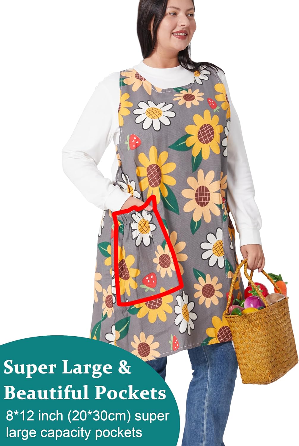 VIKIDEER Comfortable Huge Plus Size Aprons for Women Adjustable Cross Back Floral Cotton Linen Aprons