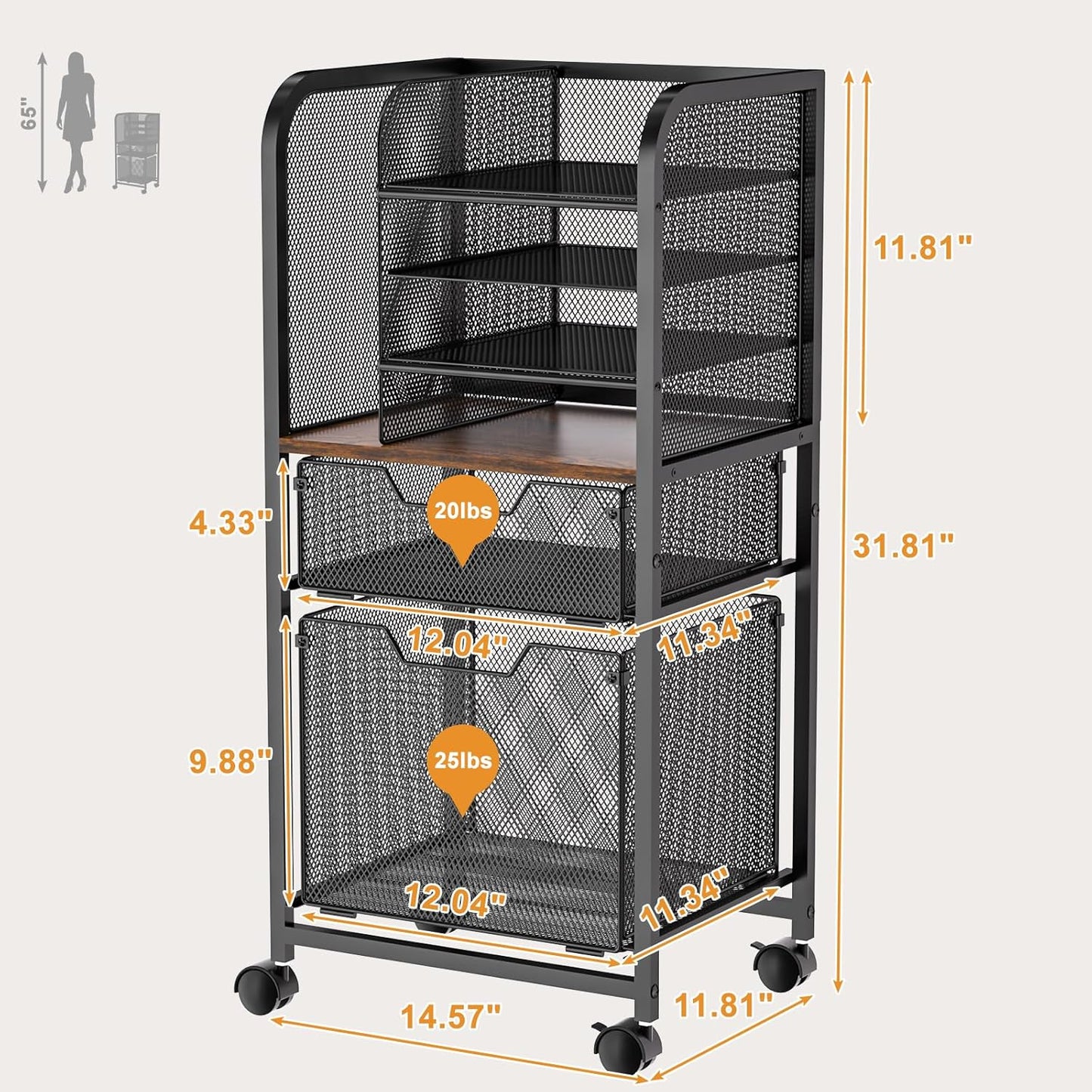 6-Tier Rolling File Cart with 2 Drawers, File Cabinet Organizer for Hanging File Folders, Letter-Size File Storage with Wheels, Multi-Layer Mobile Filing Cabinet for Office and Home