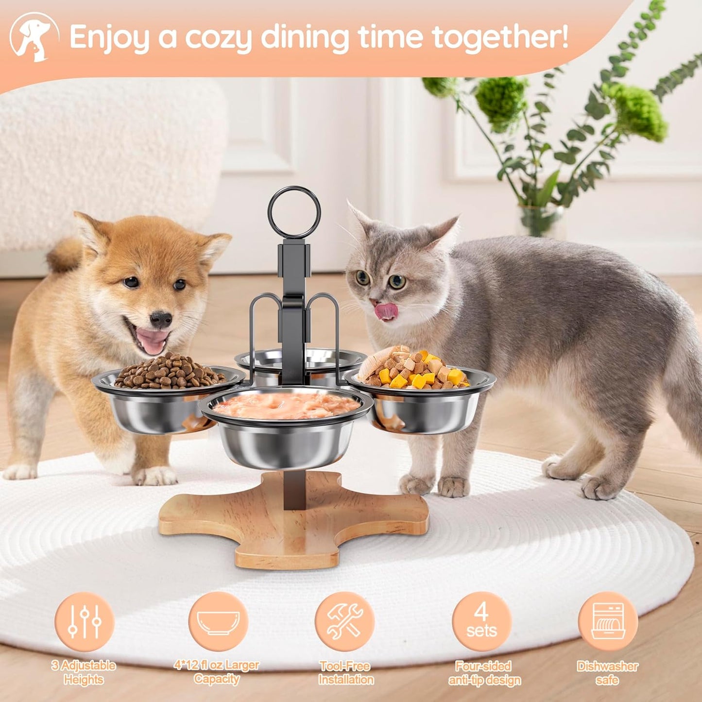 Adjustable Elevated Cat Bowls with Stand, 3 Height Raised Food & Water Bowl Set for Indoor Cats, 4 Stainless Steel Tilted Pet Dishes for Small Dogs, Non-Slip Feeding Station with Anti-Spill Design