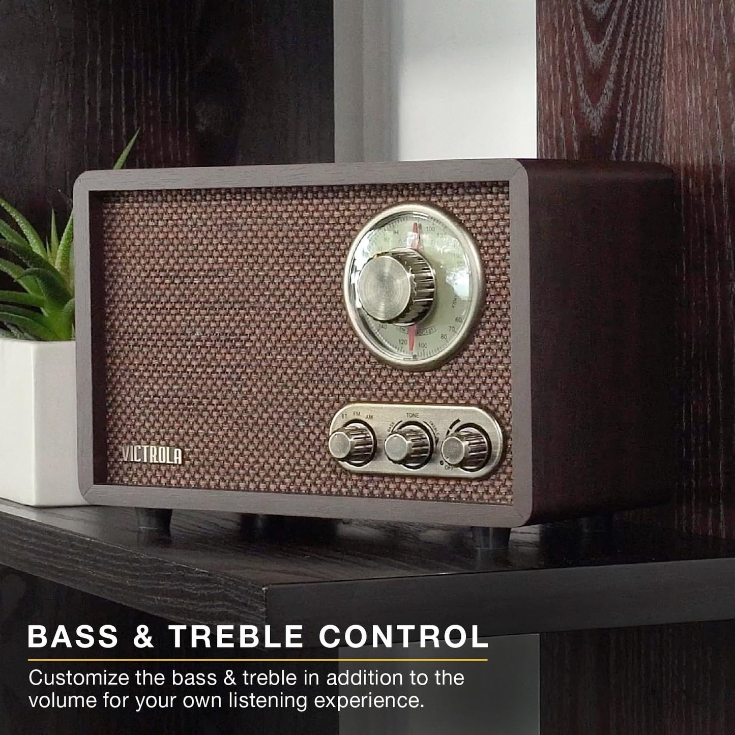 Victrola Willow – Retro Wood Bluetooth Radio with Built-in Speakers: Elegant & Vintage Design, Rotary AM/FM Tuning Dial, Bass & Treble Control, Wireless Streaming (Walnut)