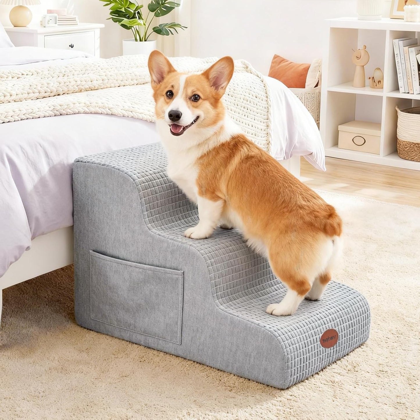 Woochpet Dog Stairs for Small Dogs, 15.7”H Ramp 3 Tier Wider Curved Pet Stairs for Couch and Beds，Weighted Base Plate Indoor Dog Steps with Non-Slip Bottom and Washable Cover for Old Cats