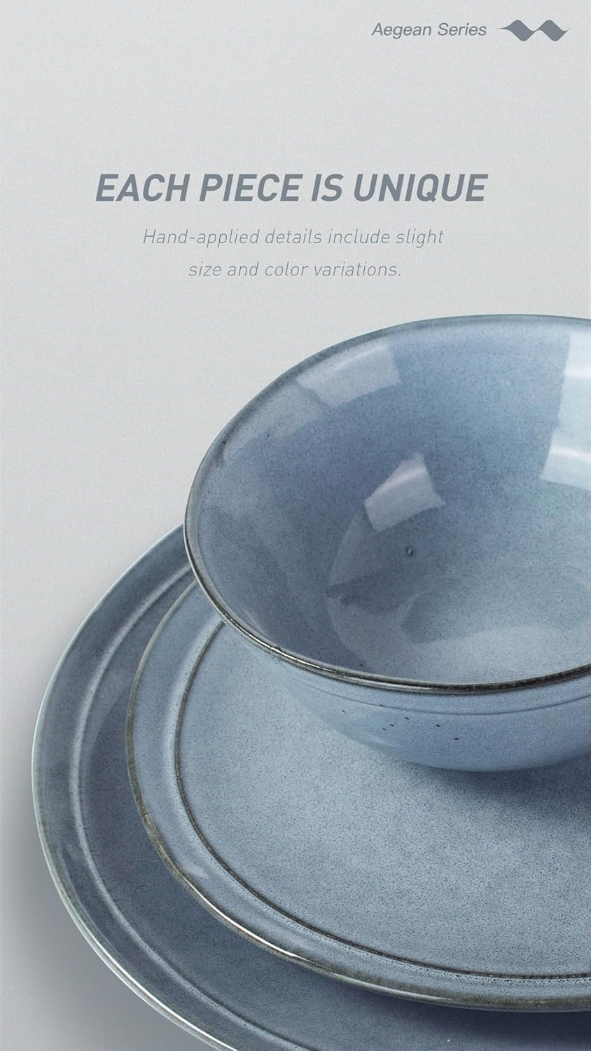 Famiware Aegean Stoneware Dinnerware Set for 8, Plates and Bowls Sets, 24 Pieces Scratch Resistant Dinner Set, Handmade Irregular Round Dishes - Microwave and Dishwasher Safe, Blue Grey