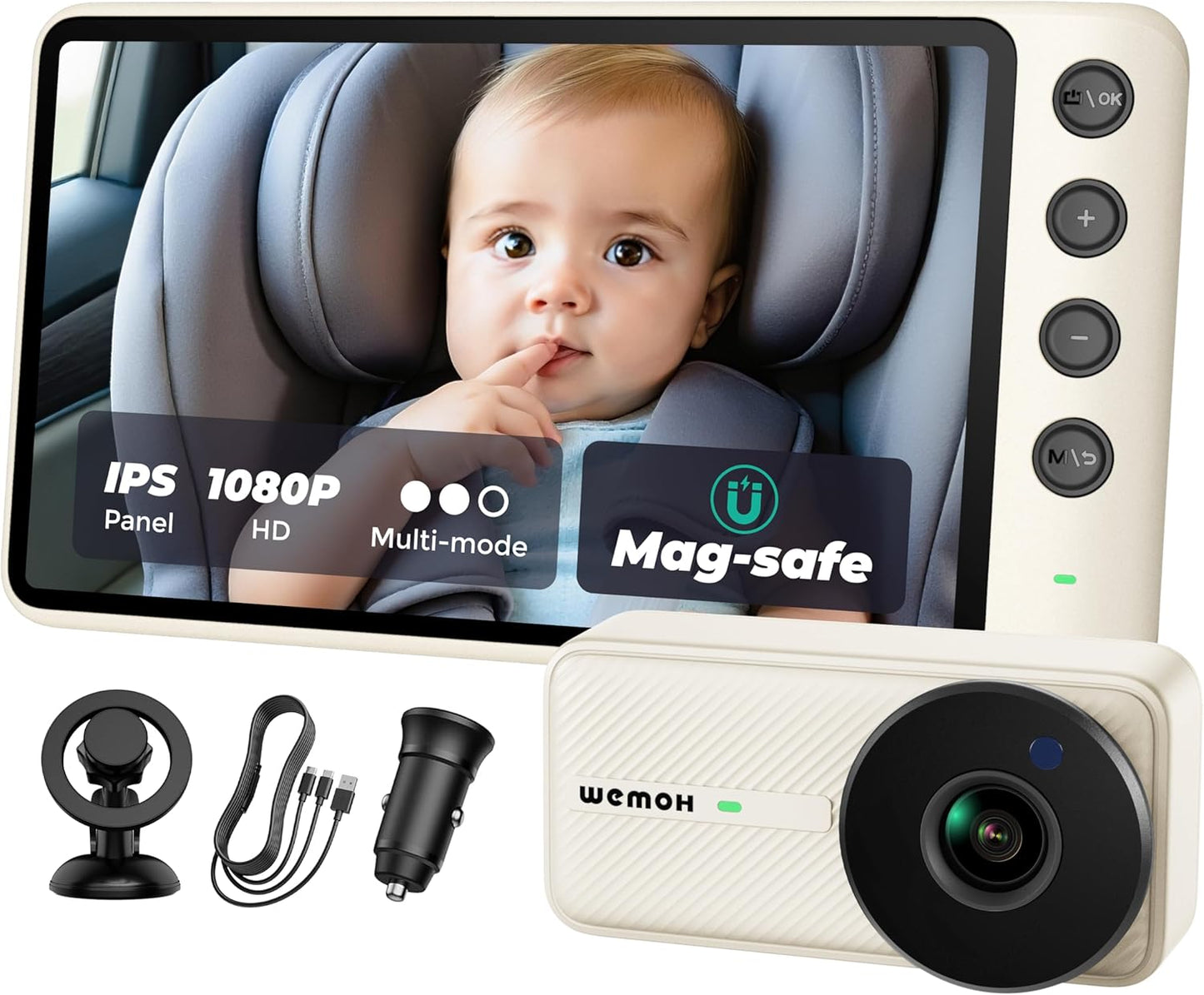 NO.1 Magnetic Baby Car Camera with 1080P IPS Monitor, Auto Night Vision & Magnetic Mount – 5" Display, Zoom/Mirror Modes, USB Powered, 5-Minute Setup, for Rear-Facing Infant, White