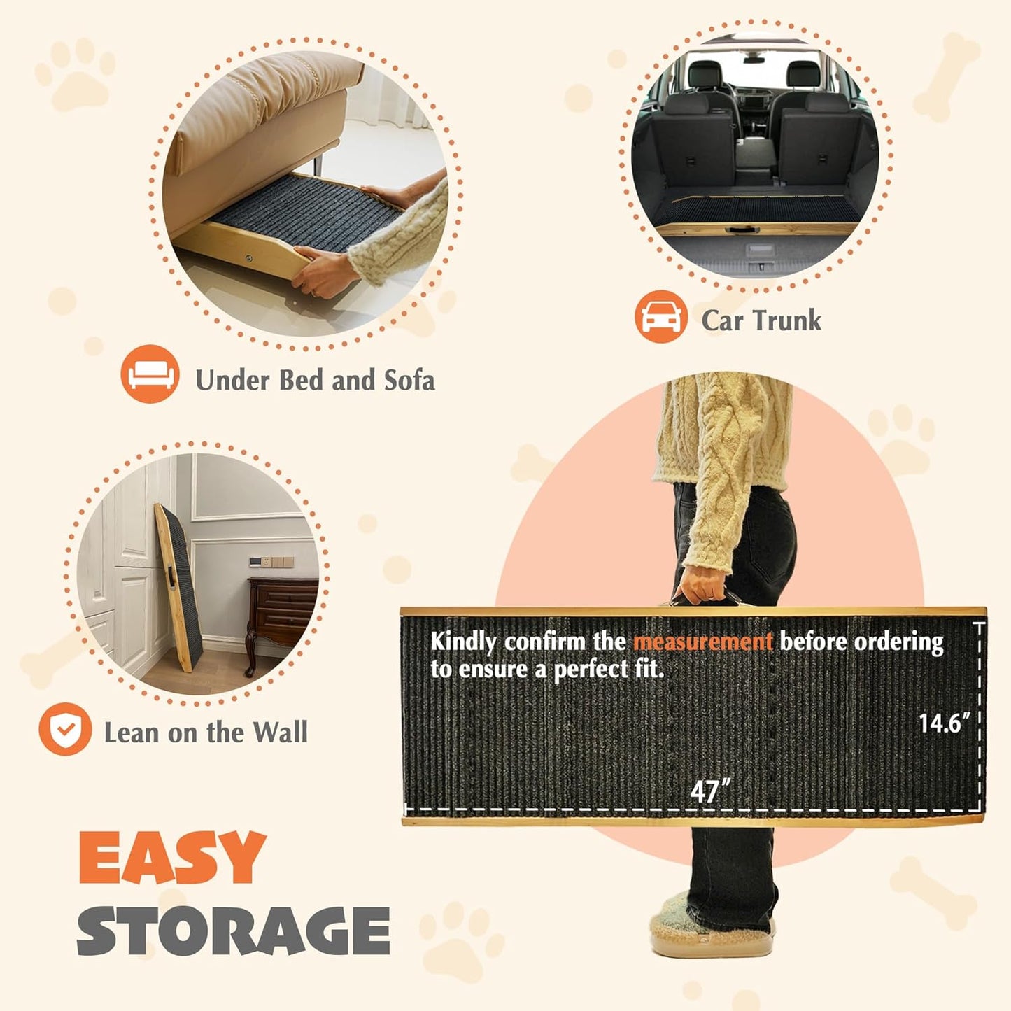 PETKARAY Dog Ramp for Bed, Stepless Adjustment Dog Ramp for Couch, Folding Wooden Pet Ramp for Large Dogs, 47" Long Adjustable Height 9"-24", Natural
