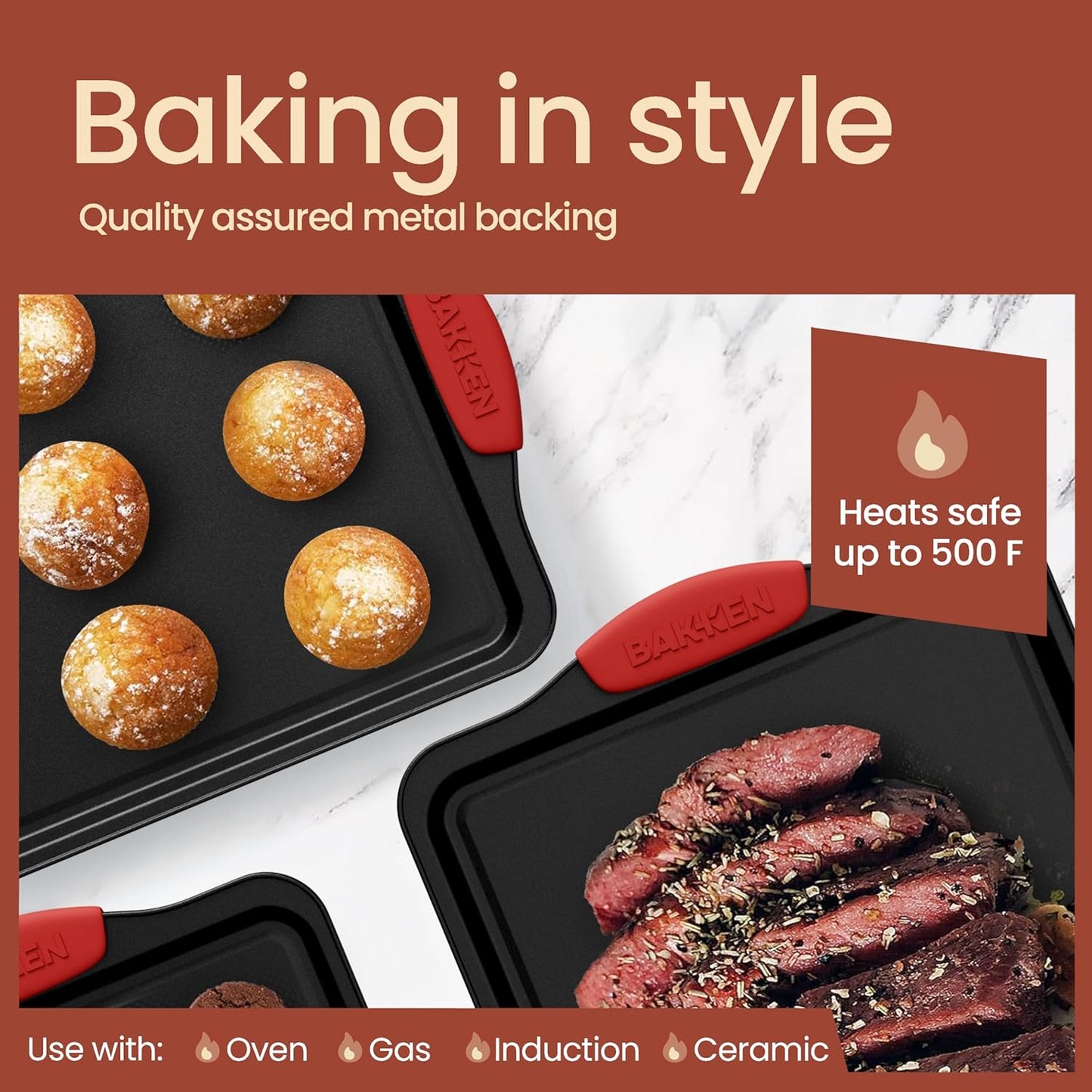 Baking Set – 6 Piece Kitchen Oven Bakeware Set – Deluxe Non-Stick Black Coating Inside and Outside – Carbon Steel – Red Silicone Handles – PFOA PFOS and PTFE Free by Bakken