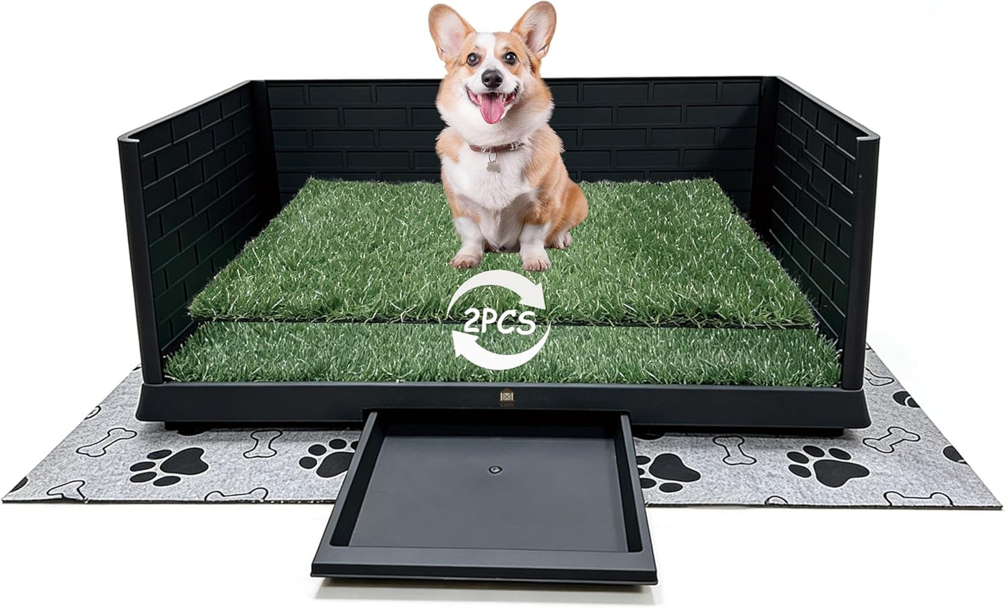 Dog Grass Pad with Tray, Indoor Potty with Three Walls, 35" X 24",with 2 Reusable Premium Grass Pads