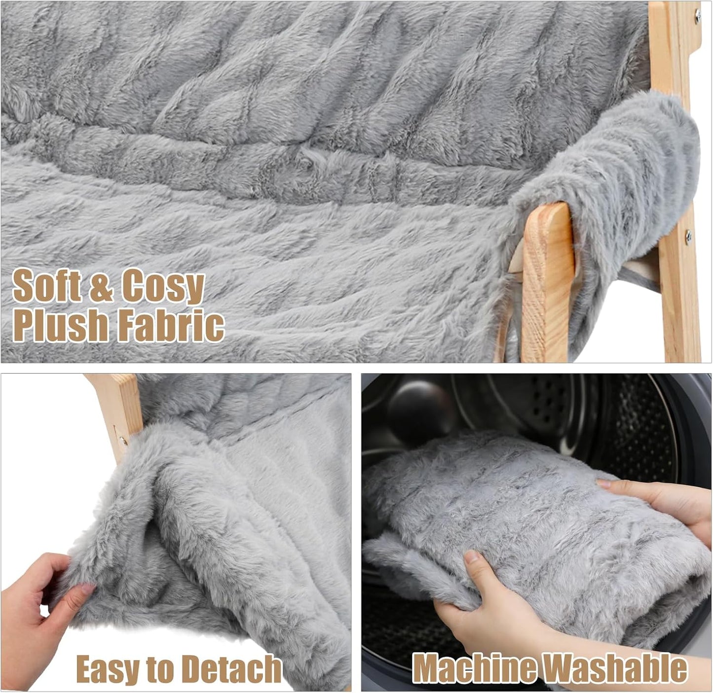 Elevated Cat Couch Bed for Indoor Cats, Large Cat Sofa Bed with Removable Fluffy Cover Wooden Raised Dog Bed, Washable Pet Dog Chair for Kitten Puppy Small Animals, 27”x18.6”x11.8”