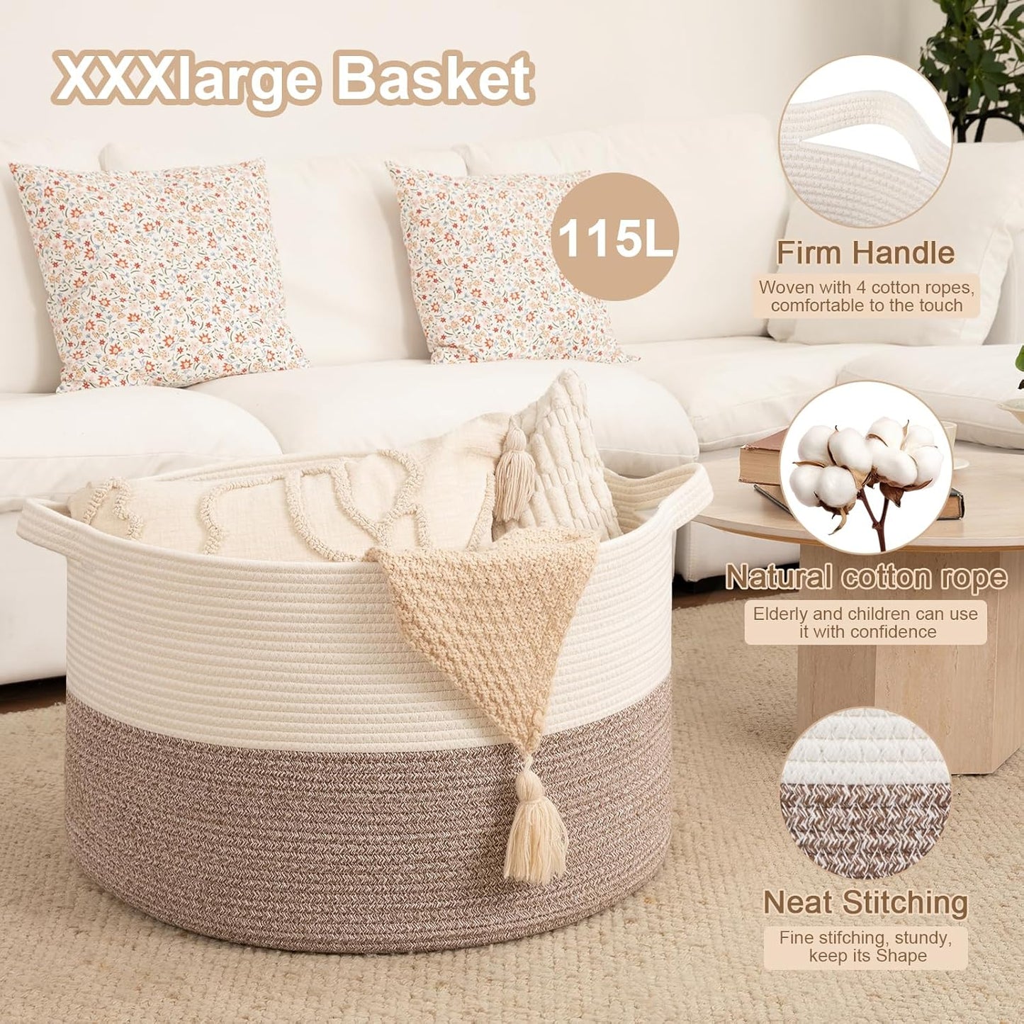 OIAHOMY 115L Extra Large Blanket Basket, 23.6" x 15.4" Woven Cotton Rope Laundry Basket for Organizing Pillows, Decorative Stuffed Animal Toy Storage Bin for Nursery, White and Linen Brown