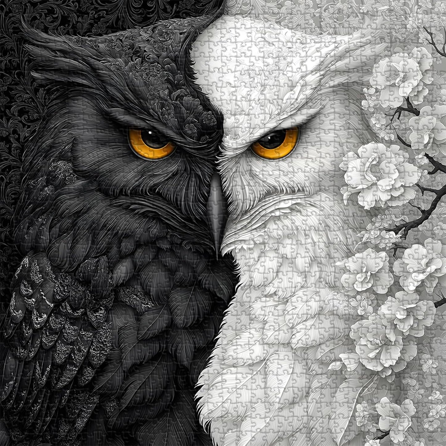 Yin Yang Owl Puzzle for Adults 1000 Pieces，Black and White Puzzles Owl Flowers, Impossible Difficult Hard Bird Jigsaw Puzzle, Animal Floral Art Challenge Puzzle Aesthetic