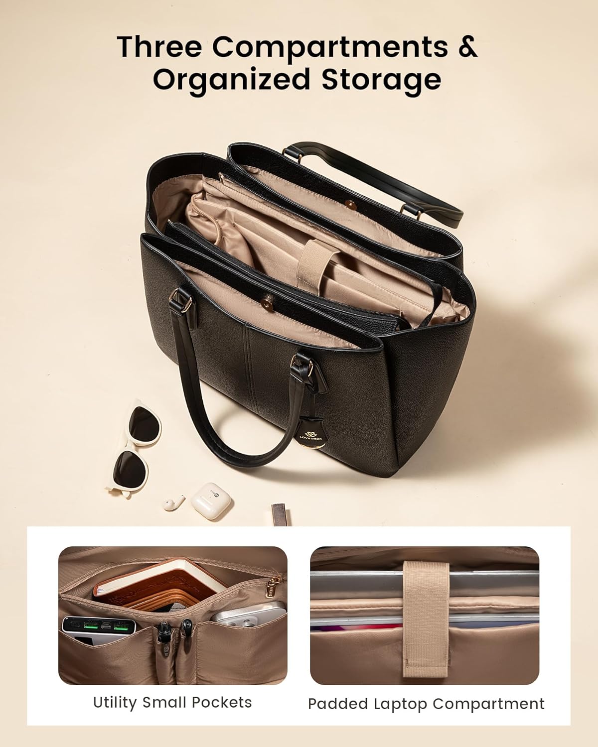 LOVEVOOK Laptop Tote Bag for Women 15.6 In Work Bags with Triple Compartments Large Faux Leather Computer Office Briefcase