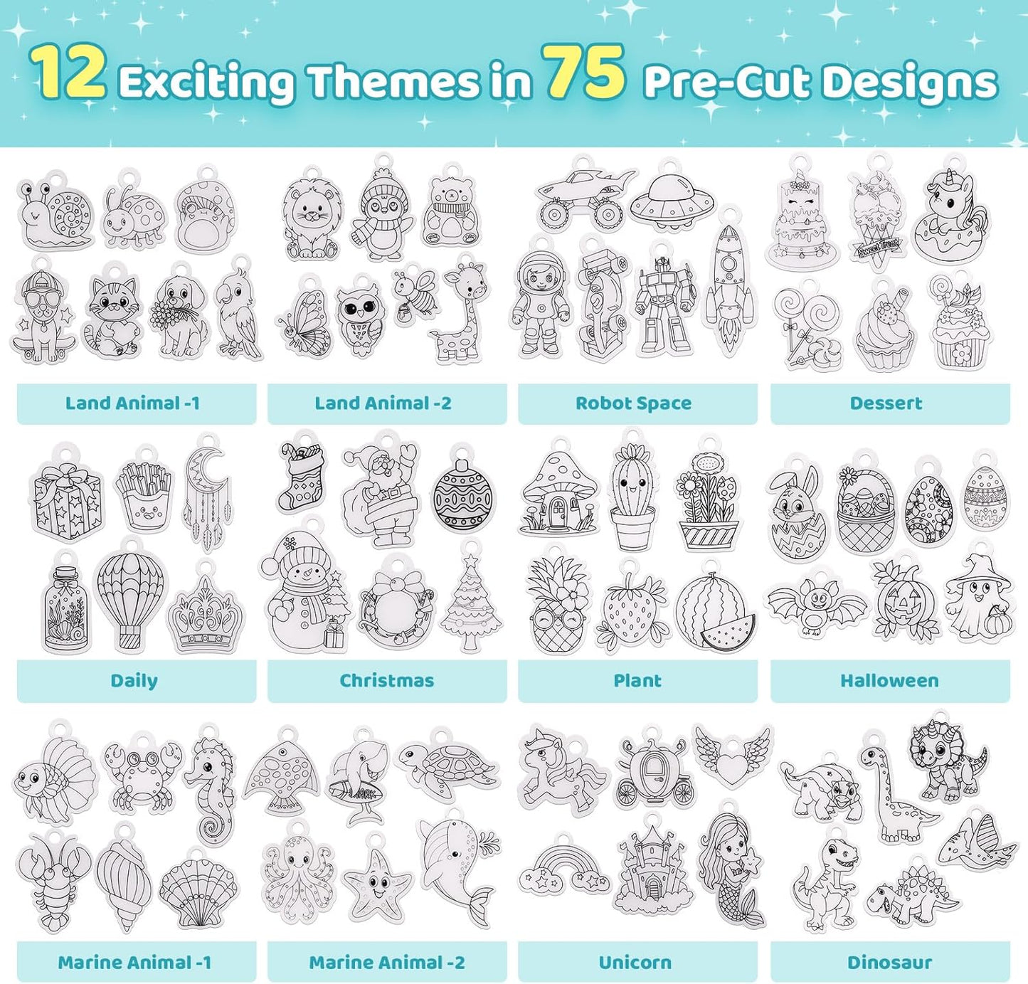 Funtopia Shrinking Art Sheets Kits for Kids, 75 Pre-Cut Shrink Paper Craft Keychain Making Kit, 12 Themes DIY Shrink Art Plastic Sheets with Charms and Keychains Accessories