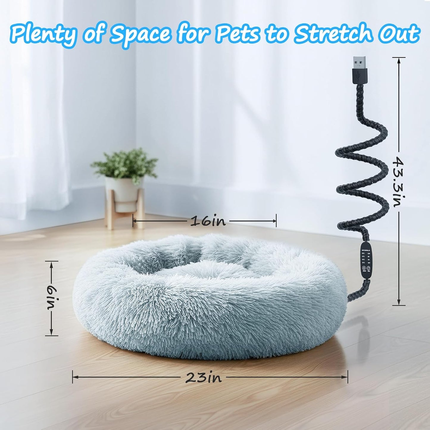 Heated Cat Bed for Indoor Cats, 23-inch Cozy Donut with USB Power, Adjustable Temperature & Timer, Machine Washable Cover for Small & Medium Cats (Light Gray)
