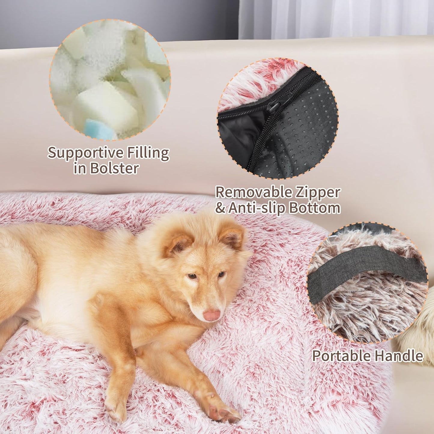 KHONSU PET Large Calming Dog Bed for Couch – Sofa Protector Mat with Bolster, Removable Washable Non-Slip Cover, Fits XL Dogs up to 70 lbs, Brown 45"x37"