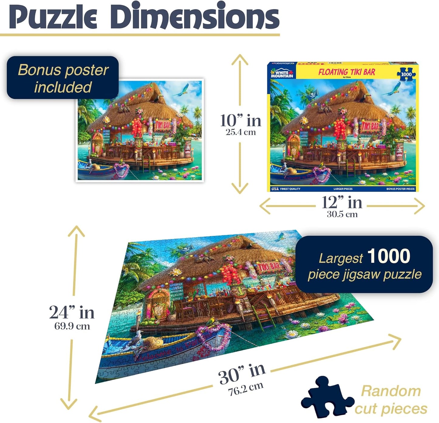 White Mountain 1000 Piece Jigsaw Puzzle Fun Coastal Summer Puzzles with Large Pieces Gift for Adults and Family 24"x30" - Floating Tiki Bar