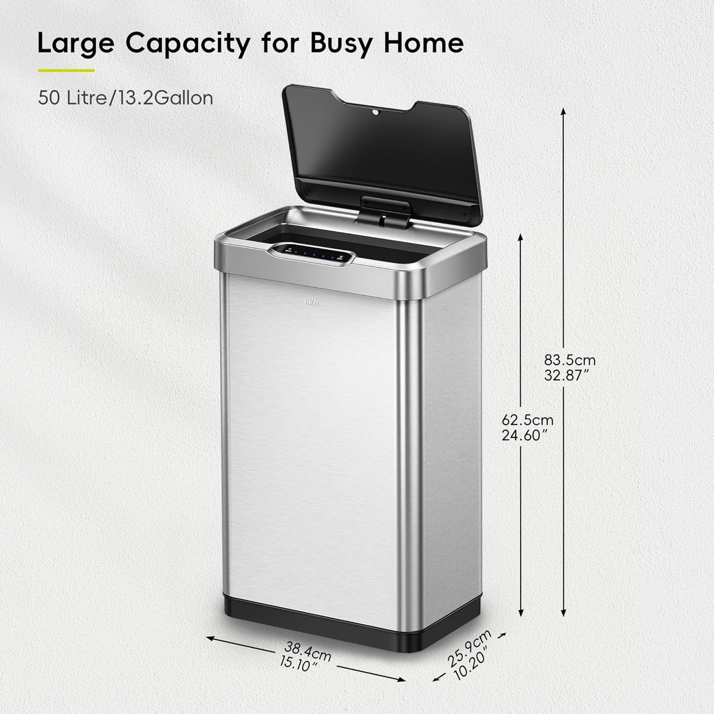 EKO Mirage-T 50 Liter / 13.2 Gallon Touchless Rectangular Motion Sensor Trash Can, Brushed Stainless Steel Finish