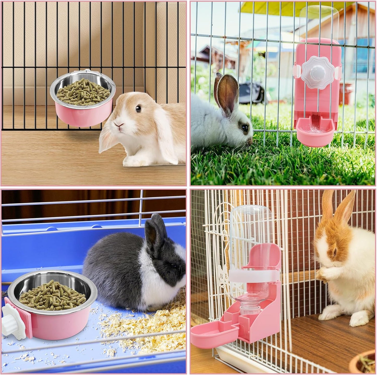 kathson Rabbit Suspended Feeder Dispenser Hanging Water Fountain Automatic Bottle,Crate Bowl Removable Plastic Stainless Steel Pet Cage Coop Cup with Bolt Holder Set for Bunny Cat Dog and Other Animal