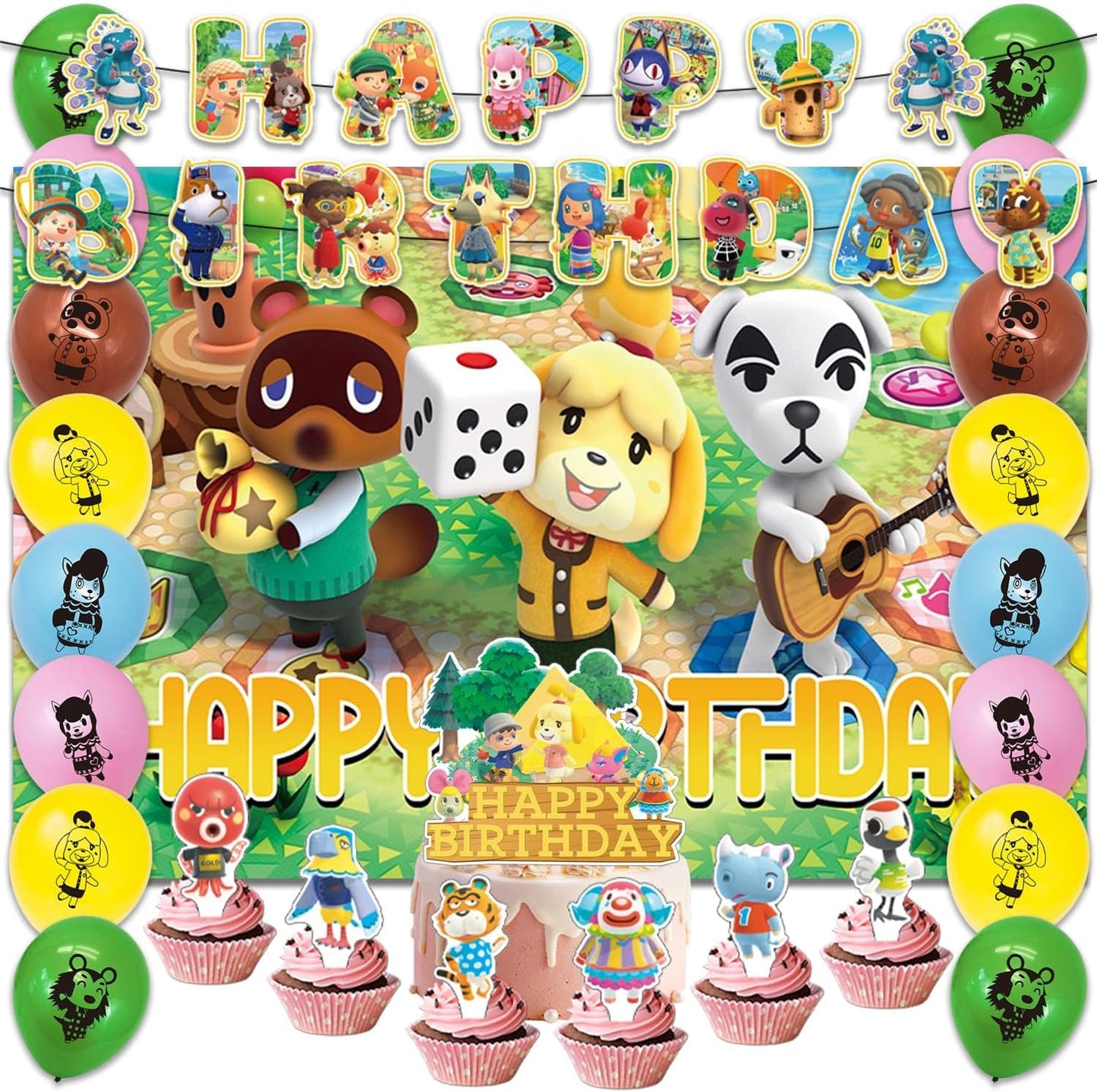 42pcs Animal-Crossing Birthday Party Supplies Pack Includes，Banner，Cake Topper，Blackdrop,Balloons for party supplies