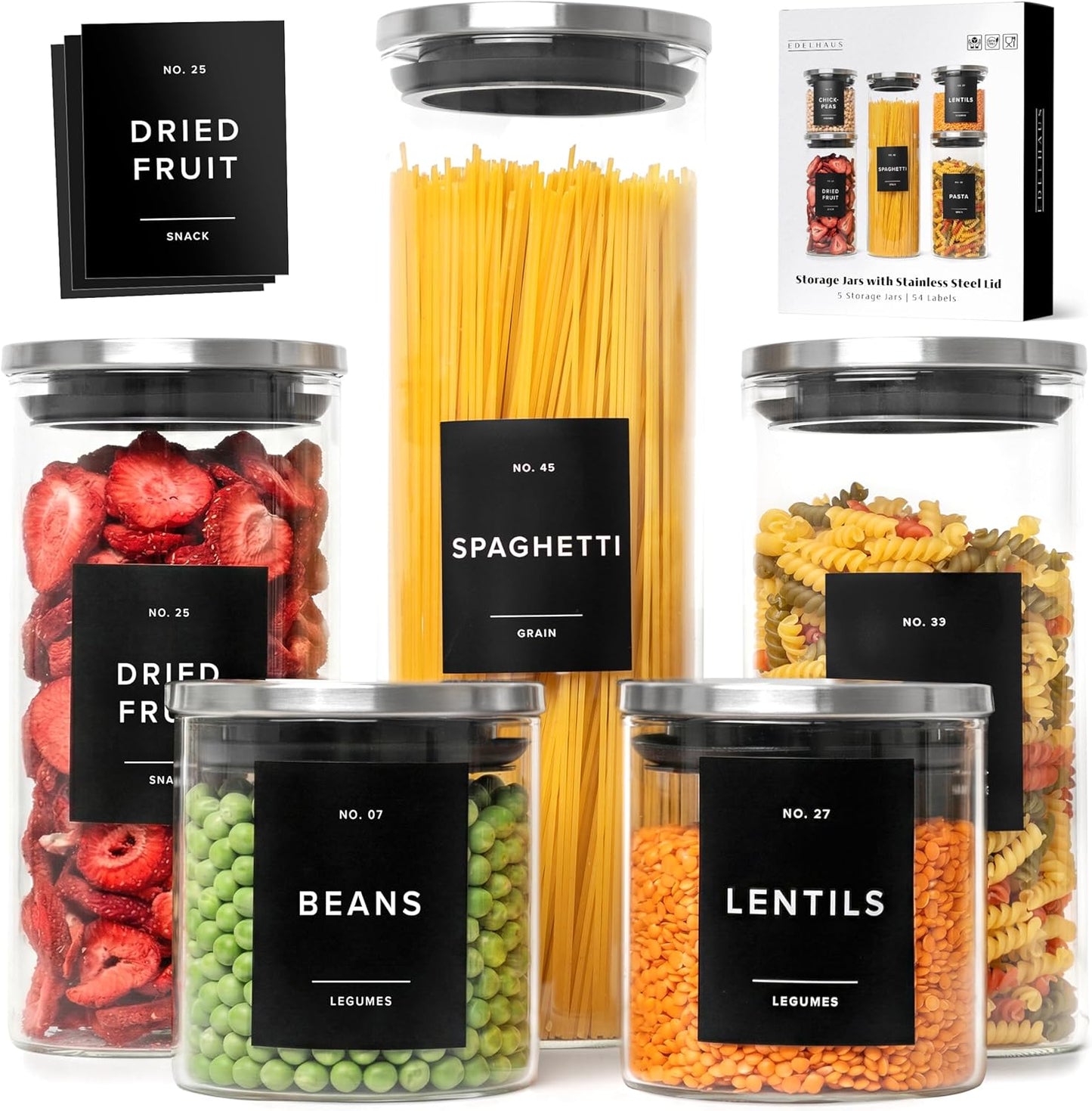 Glass Storage Containers with Stainless Steel Lids [Extra Thick Glas] with 54 Labels - Canister For Pantry Noodles Flour Cereal Rice Sugar Tea Coffee Beans - Round Set of 5x