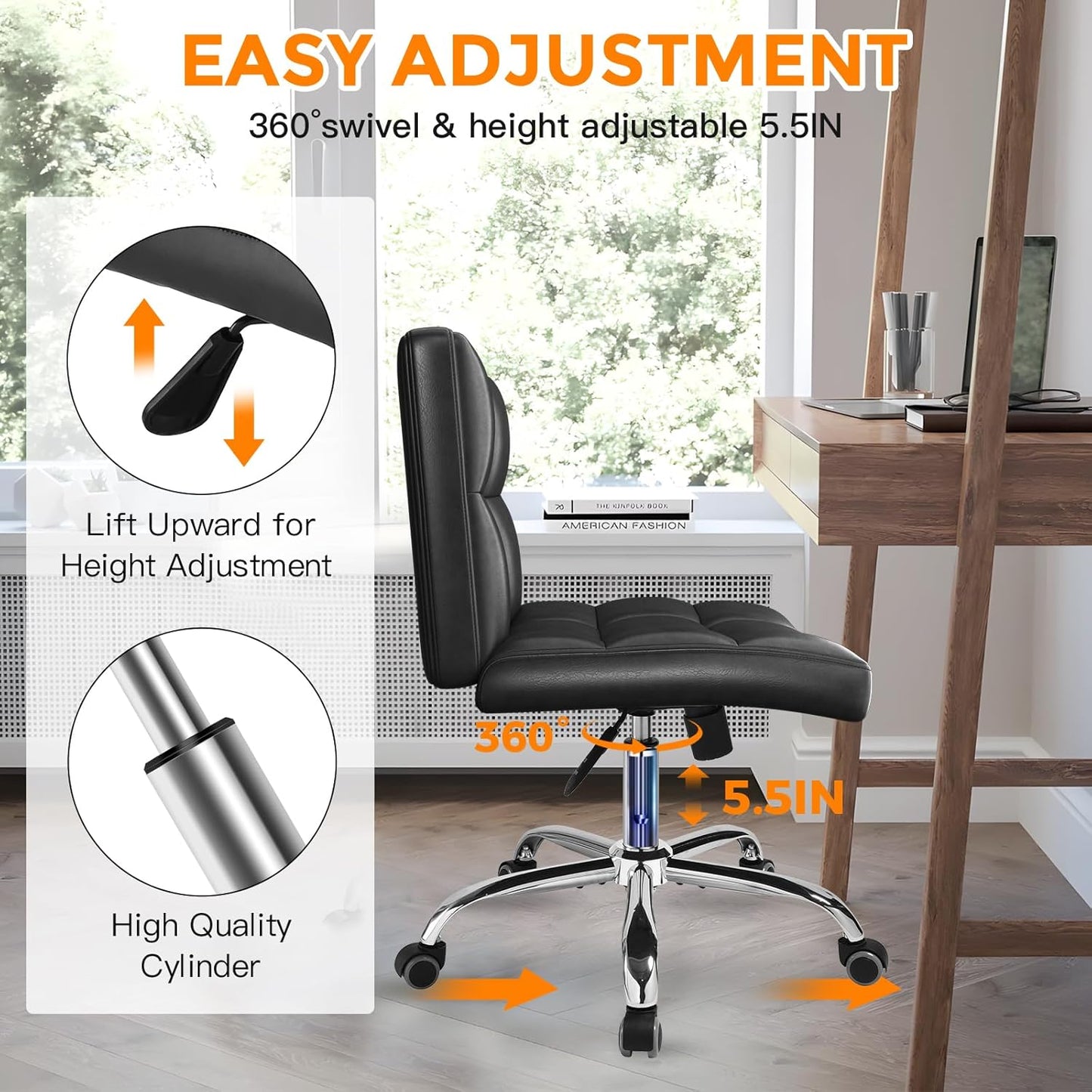 Black Office Chair with Wheels - 360° Swivel Armless Back Support，Comfortable Pu Adjustable Rolling Desk Chairs for Office，Home，Vanity，Bedroom，Big Space (Widened Black)