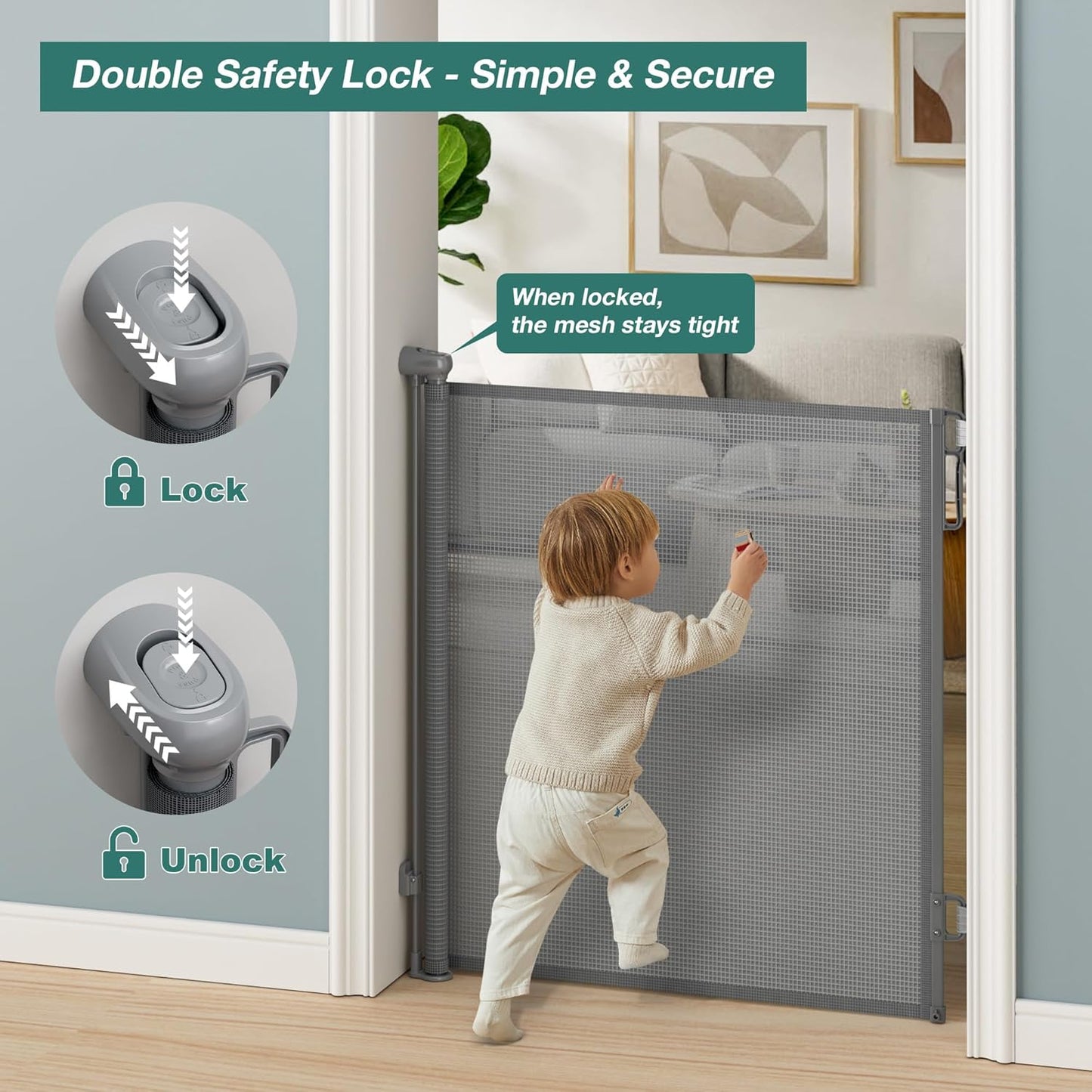 Babepai Retractable Baby Gates Extra Wide | 55" Wide x 38" Tall Dog Gates for Stairs | Indoor/Outdoor Use | Child Gates for Doorways, Deck, Porch, Hallways, Patio - Gray