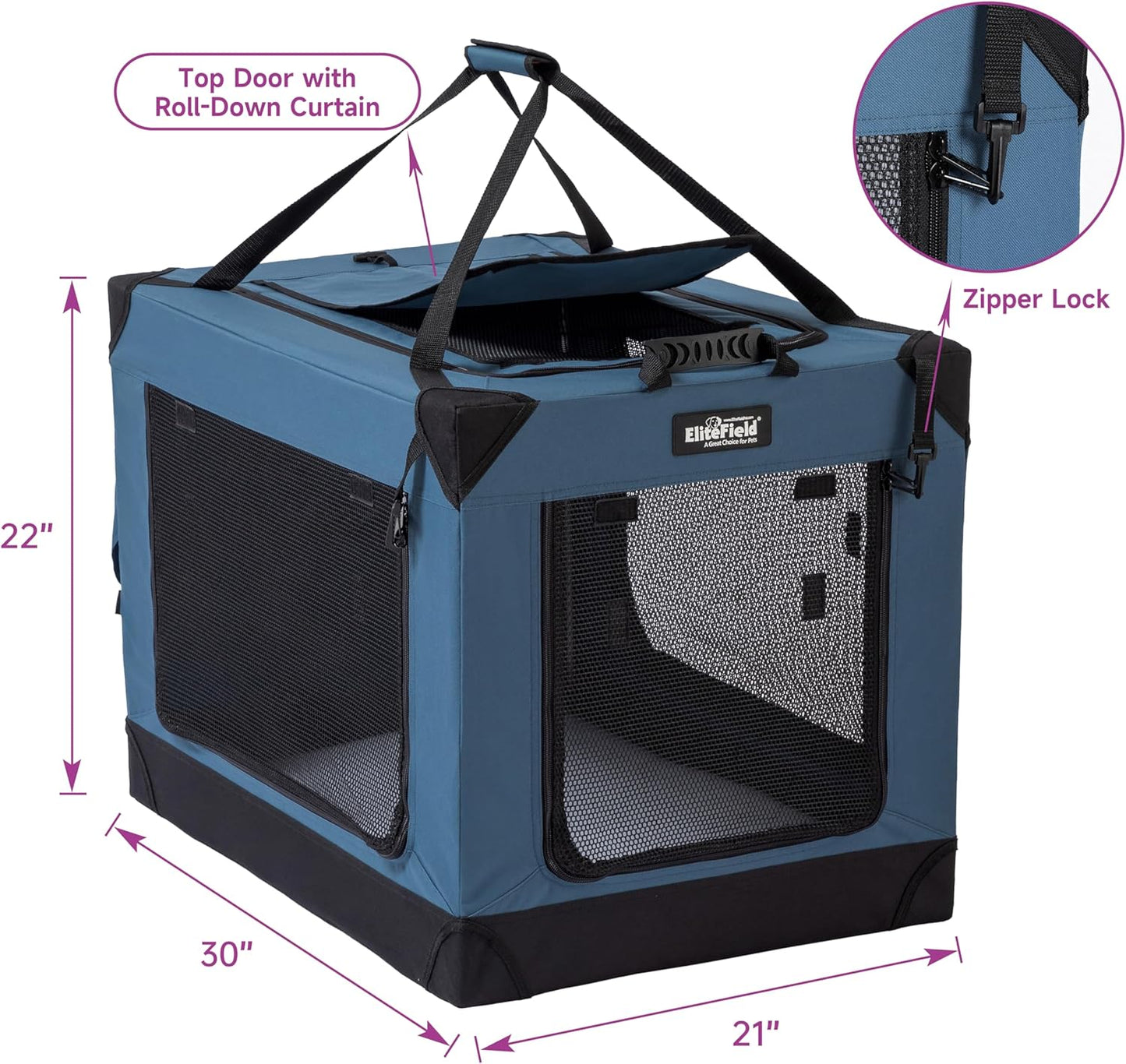 EliteField 4-Door Folding Soft Dog Crate (2-Year Warranty) with Aluminum Frame, Top Curtain, Carrying Bag, and Fleece Bed, Indoor & Outdoor Pet Home (30" L x 21" W x 22" H, Blue Gray)