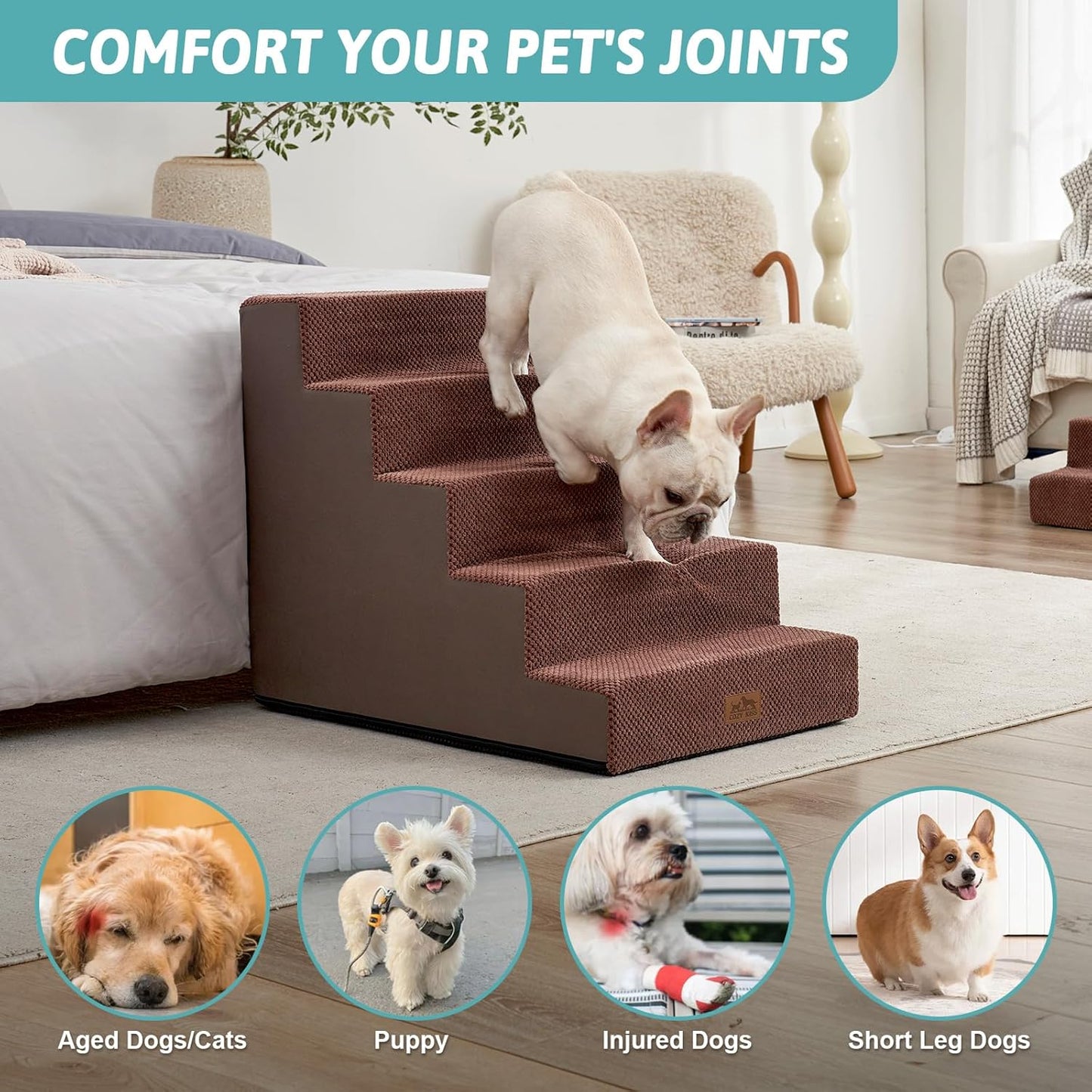 Dog Stairs for Small Dogs 5-Step, 19.7" Extra Wide Right-Angle Pet Stairs for Couch and Beds, Anti-Slip Dog Steps for Old Cats and Lowrider, 19.7x29.5x23.6 inch, Brown