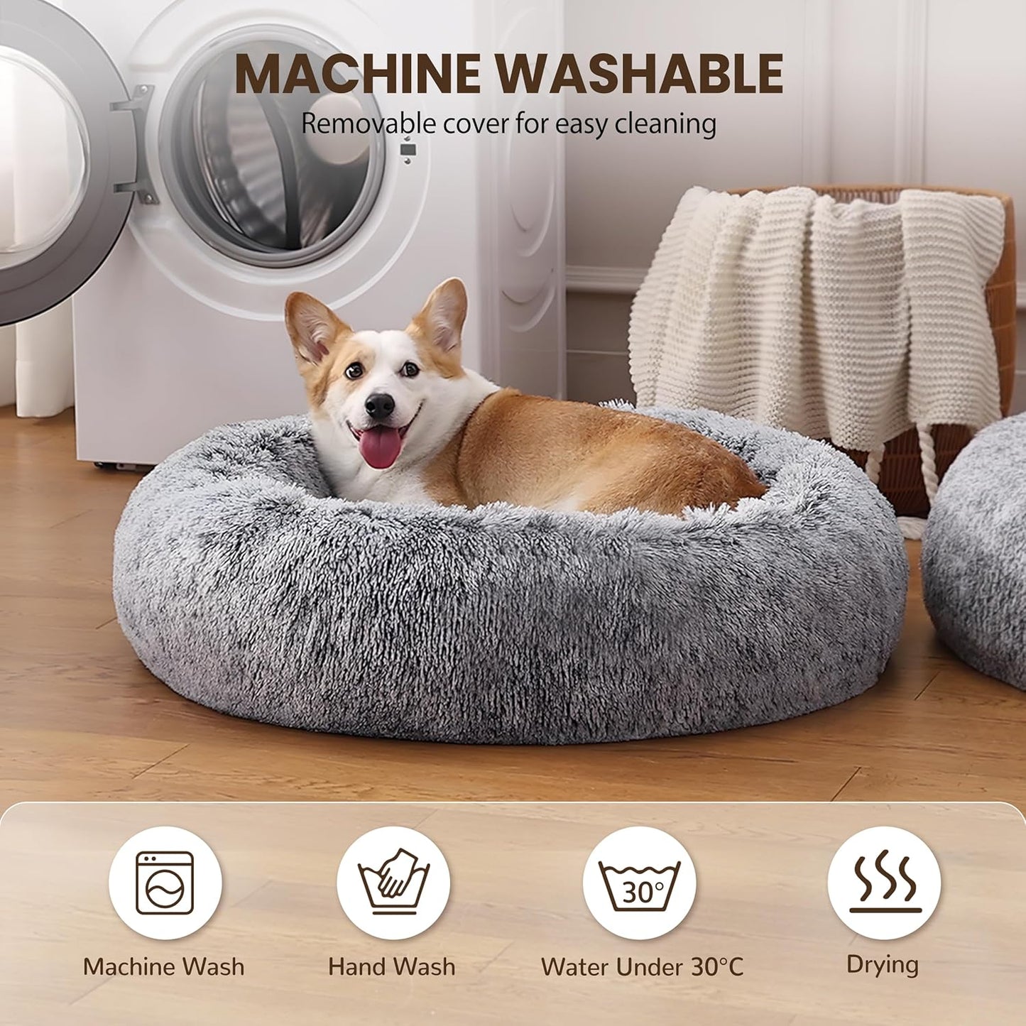 Donut Dog Bed Medium Size Dog 30 Inch, Round Cat Beds for Small Medium Dogs and Cats with Comfort Fluffy Faux Fur, Washable Cute Pet Bed with Anti-Slip Bottom, Grey