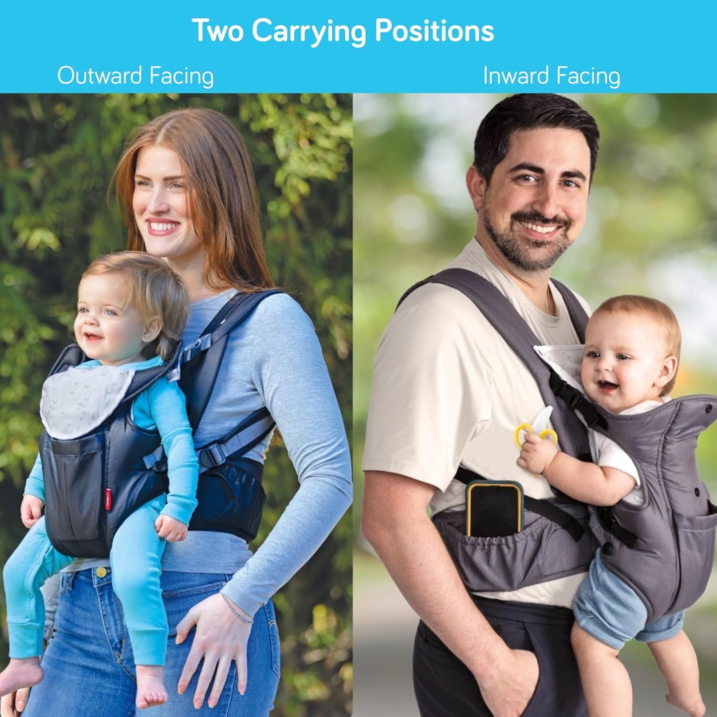 Nuby Deluxe Baby Carrier: Newborn to Toddler with Lumbar Support for 7.7-32.8 lb. (3.5-14.9 kg) | Lightweight Breathable Mesh Fabric | Bonus Teether | Removeable Baby Drool Bib | Color: Grey