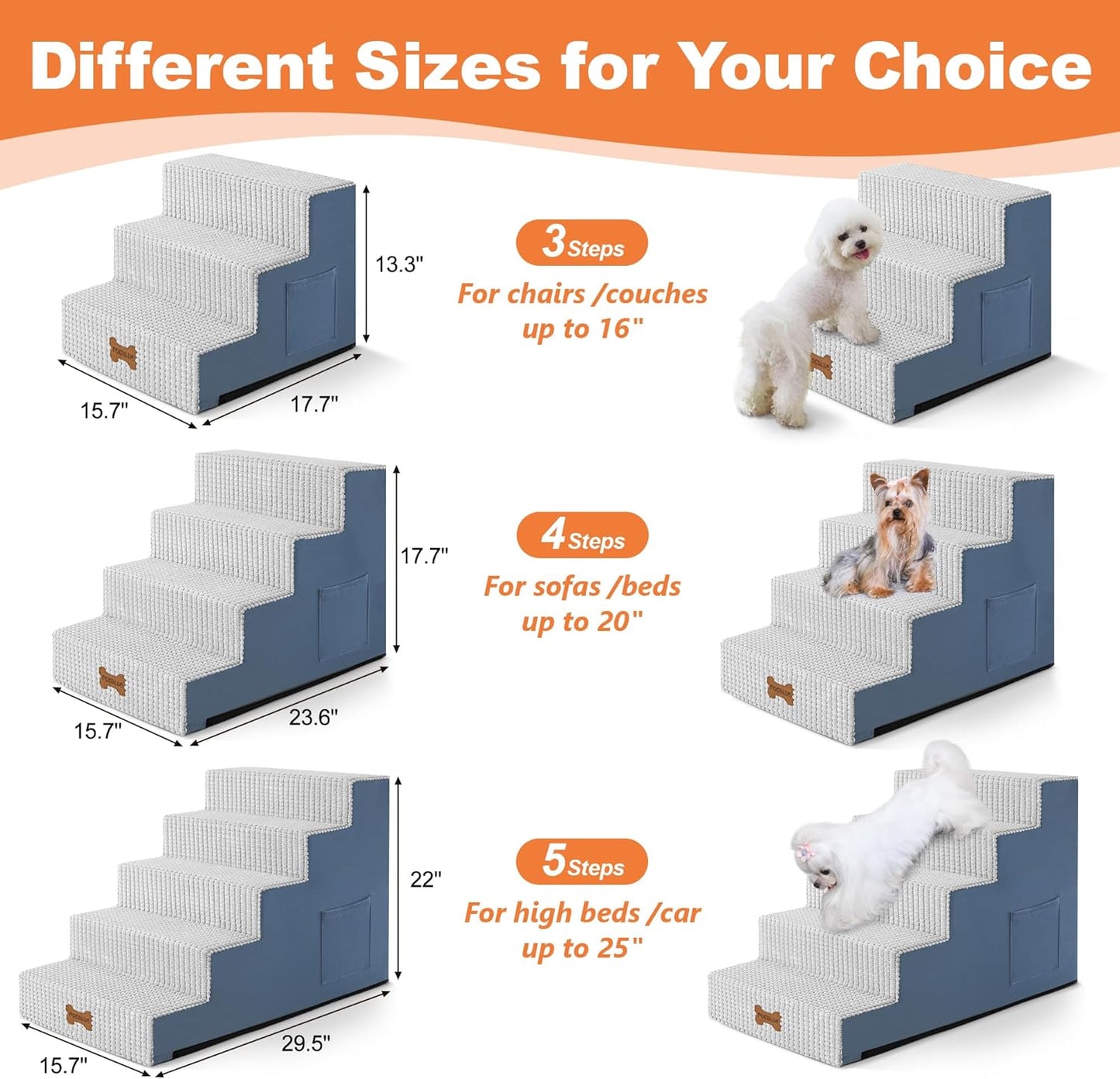 POCBLUE Dog Stairs for Small Dogs and Cats 22" H, 5-Step Pet Step for High Bed or Couch, Non-Slip Balanced Pet Ramp Indoor with High-Density Foam and Washable Cover, Grey