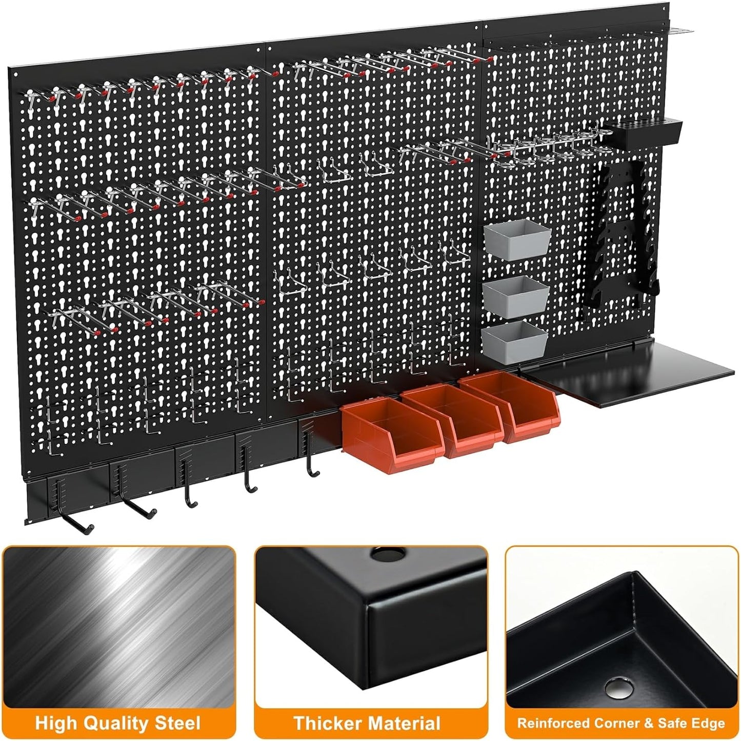 TORACK Metal Pegboard Wall Organizer for Garage, 109PCS Pegboard Accessories Organizer Kit with Pegboard Bins, Hooks, Peg Locks, Pegboard Storage System for Workbench, Garage, Shop, Shed(Black)