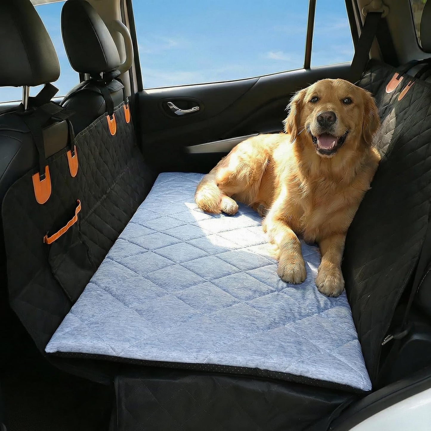 JoyBlooms Dog Bed for Car Back Seat,Dog Cooling Mat with 1.1" Thick Foam,Non-Slip Backseat Pet Bed Mat for Leather Seats,Washable Car Seat Cover,Fits SUVs & Trucks,Blue