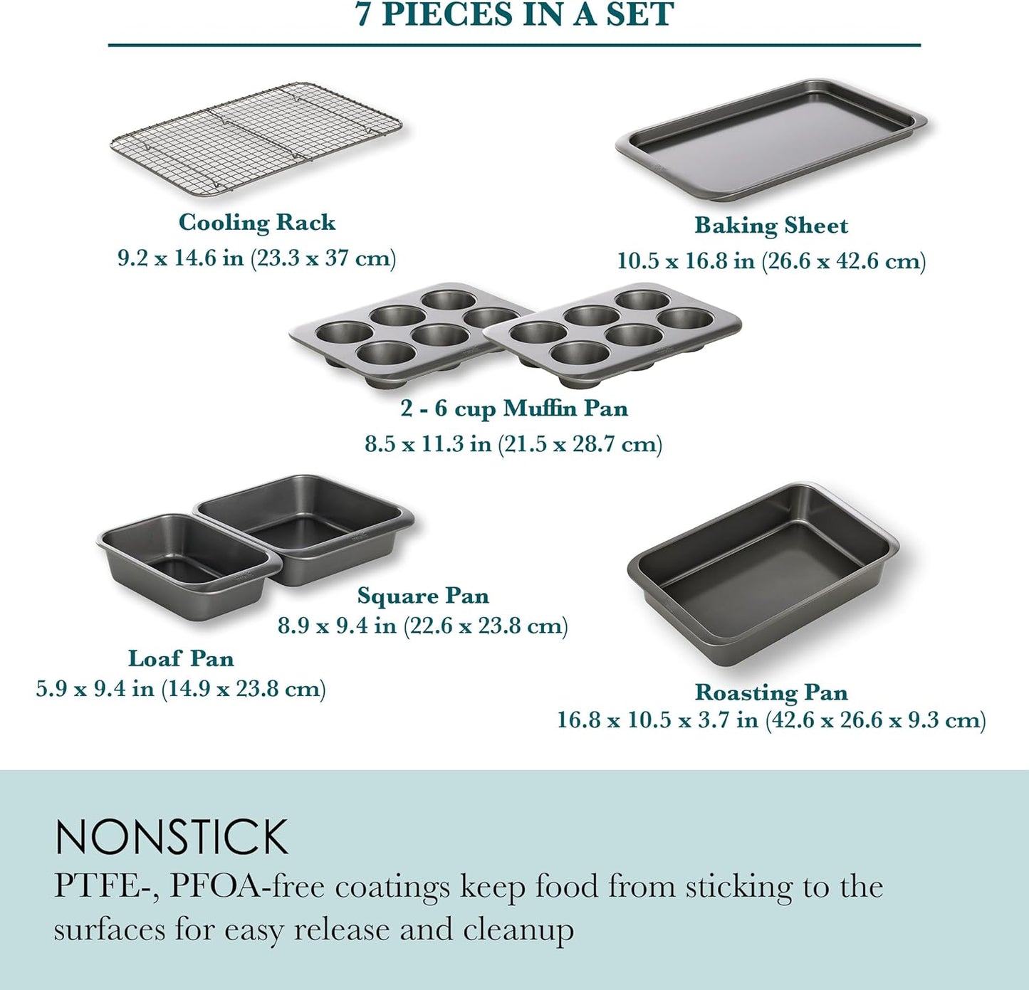 Chicago Metallic 7-Piece Nesting Bakeware Set - Carbon Steel Nonstick Baking Sheet, Loaf Pan, Muffin Pan, Cake Pan, Roaster and Cooling Rack - Space-Saving Kitchen Essentials