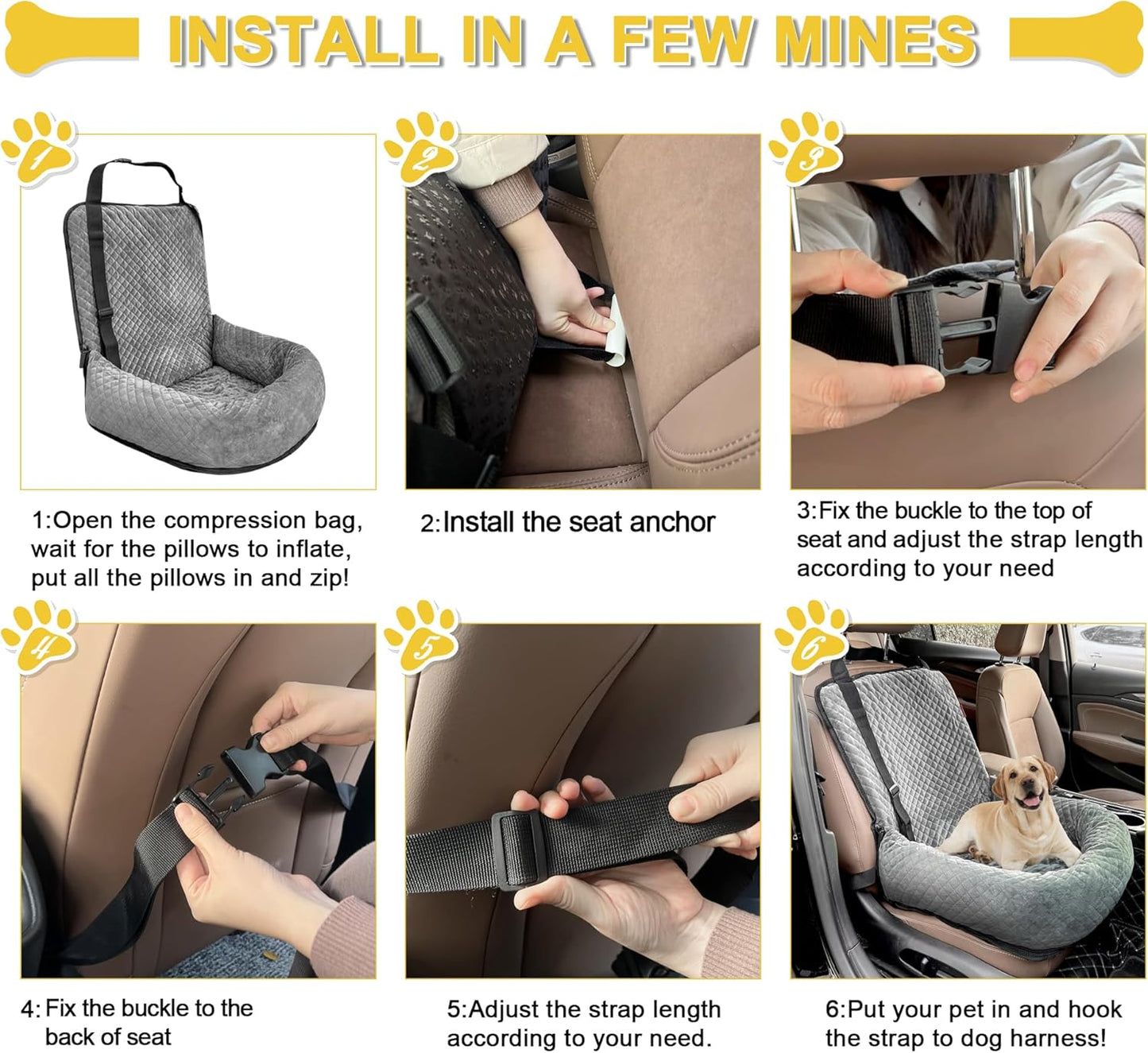 Dog Car Seat for Small Medium Dogs,Detachable Washable Travel Safety Pet Booster Seat, Comfy Ultra Soft and Multifunctional Car Travel Bed,Grey