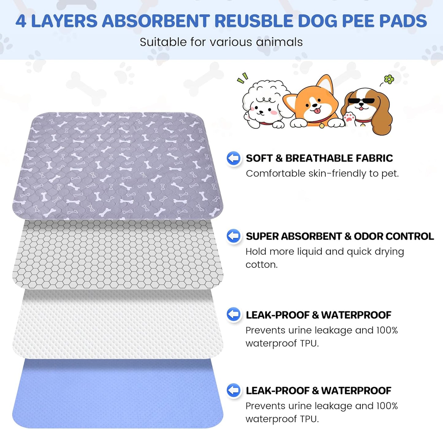 Washable Dog Pee Pads, Reusable Pet Mat Waterproof Non-Slip Dog Crate Mat, Super Absorbent Puppy Training Pad for Bed Sofa Car Floor Travel Outdoor for Dogs Cats