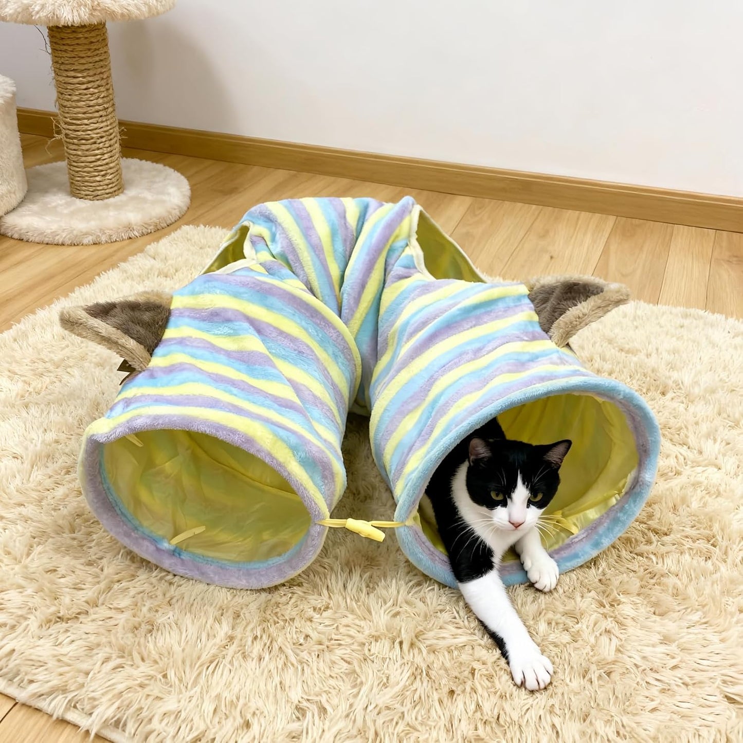 Cat Tunnel for Indoor Cats, Cute Cat Toy Tunnel for Small Large Cats, 45" Straight Cat Tunnel Toys with Balls & Crinkle Paper Ears Collapsible Peekaboo Cave for Kitten, Diameter 9.8" (Colorful Stripe)