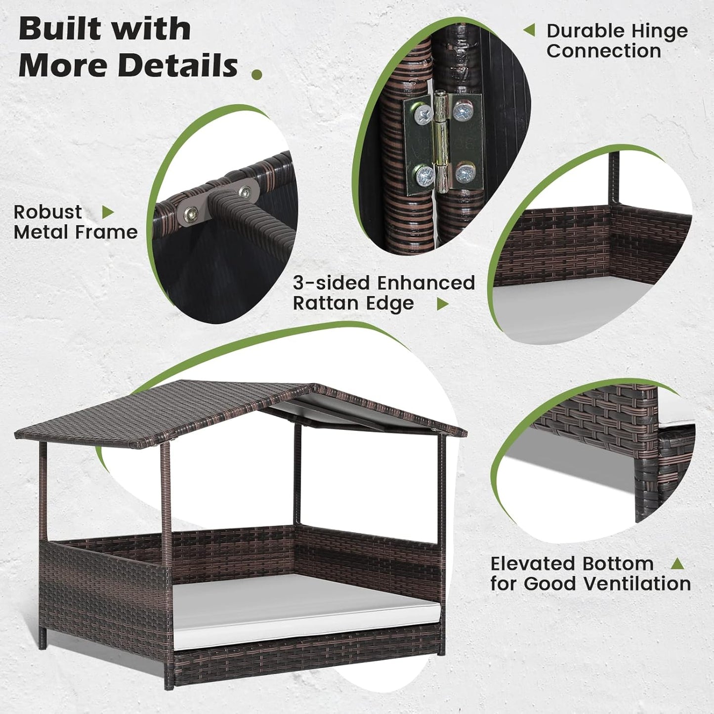 Tangkula Wicker Dog House, Indoor Outdoor Raised Rattan Dog Bed w/Removable Cushion, Washable Cover, Weatherproof Roof, Rattan Puppy Shelter w/Elevated Floor for Small Medium Dogs (White)