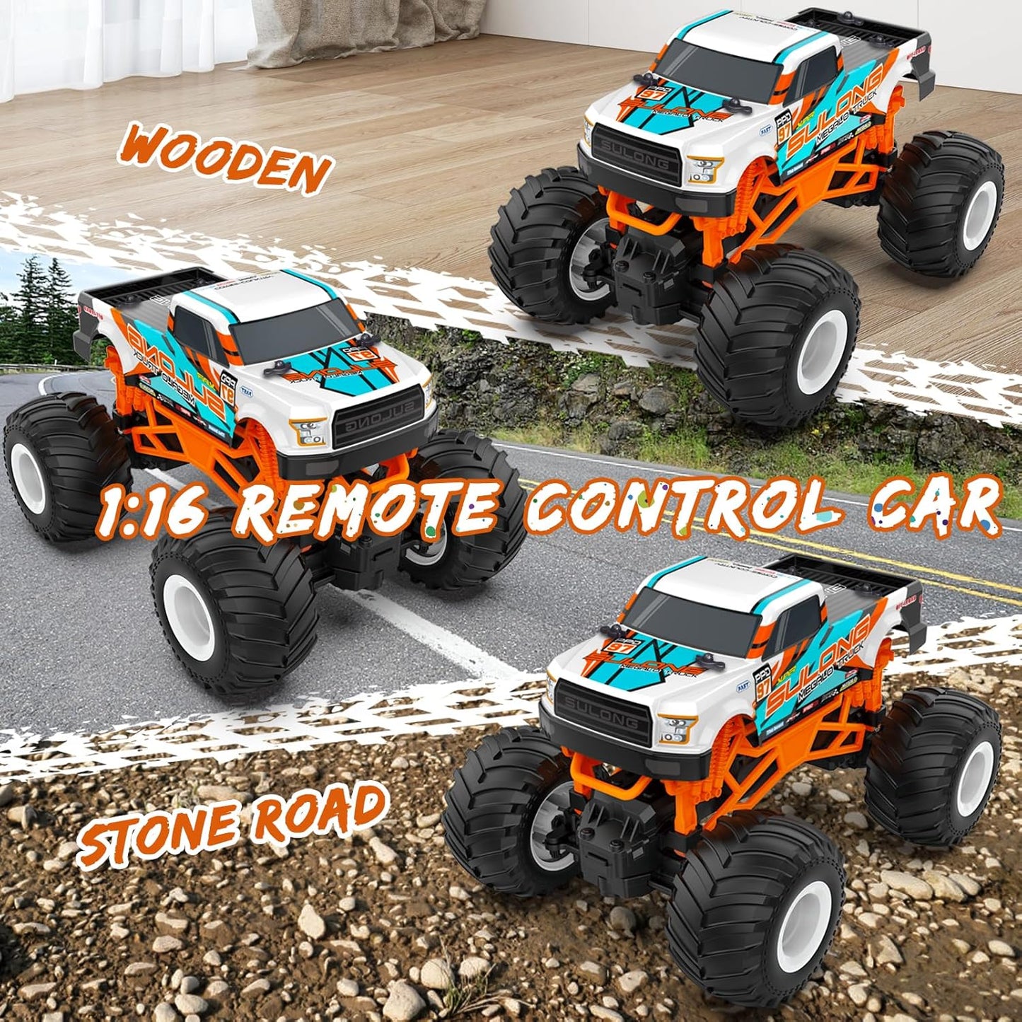 Remote Control Car, 1:16 Scale RC Monster Truck for Boys, 2.4 GHz All Terrain RC Cars for Boys Girls 4-7 8-12, 20 Km/h Off Road RC Truck, Christmas Birthday Gift for Kids and Adult, Orange