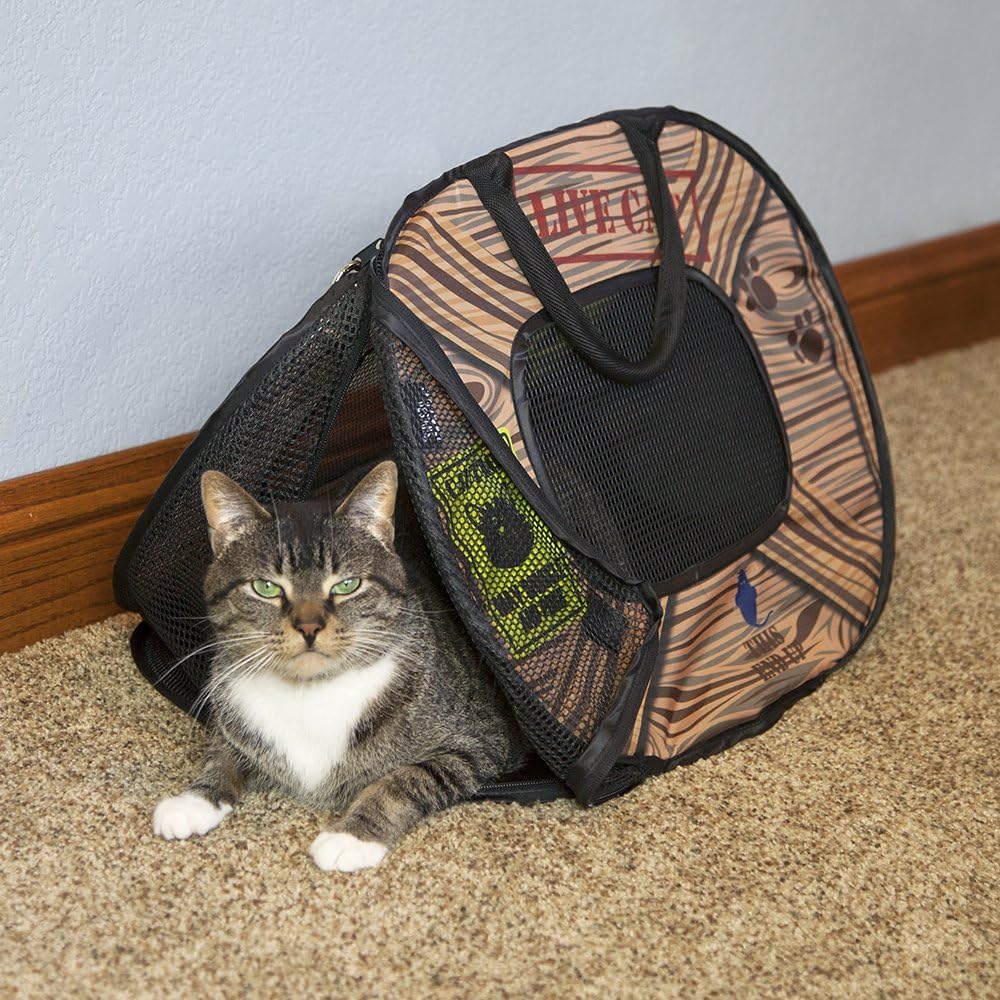 SportPet Designs Pop Open Cat Carrier, Soft-Sided Collapsible Travel Carrier for Cats up to 15 lbs, Lightweight Portable Design with Mesh Ventilation & Secure Zippers, Patterned Live Cat